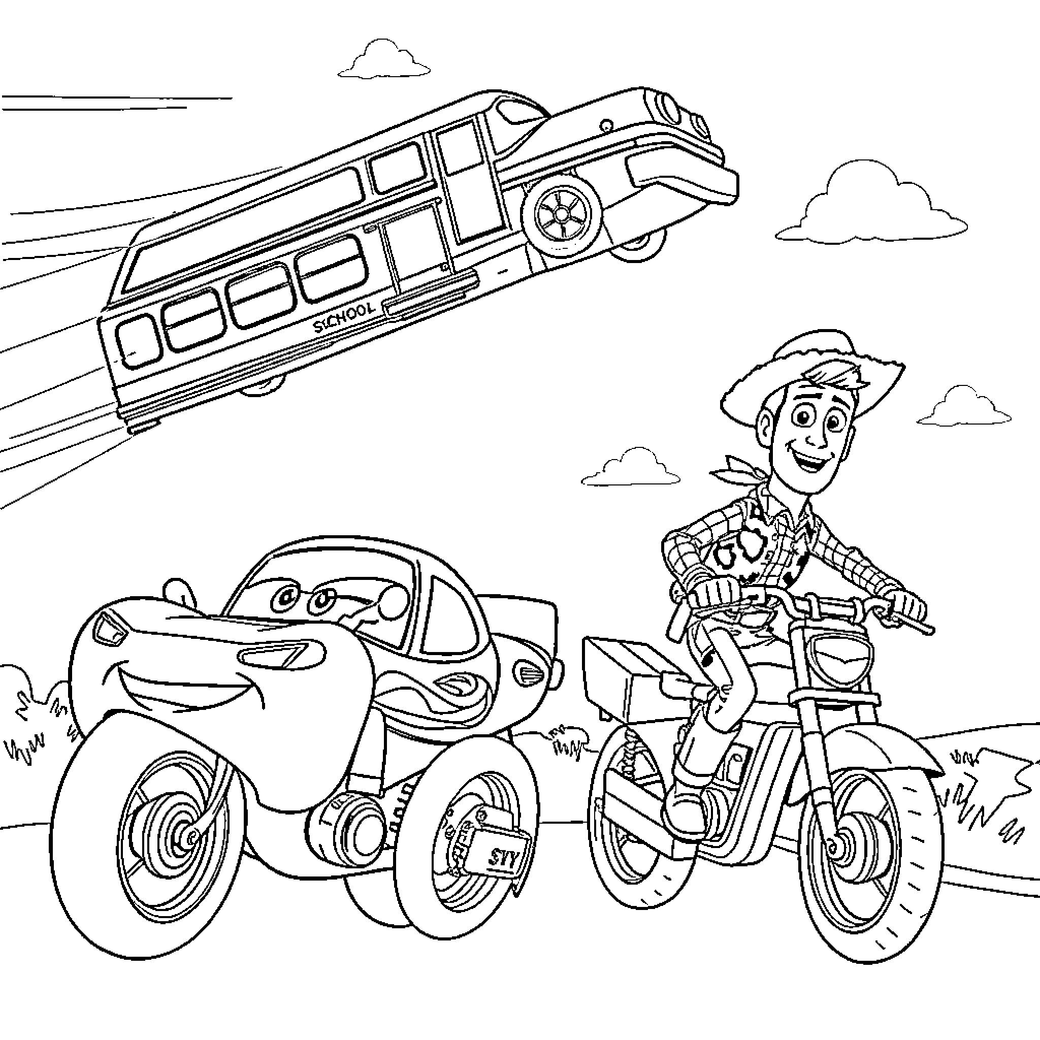 Lightning McQueen and Woody on a Wild Ride Coloring Page (free black-and-white line drawing printable PDF for all, from beginners to advanced learners, including children, teens, adults, and seniors)