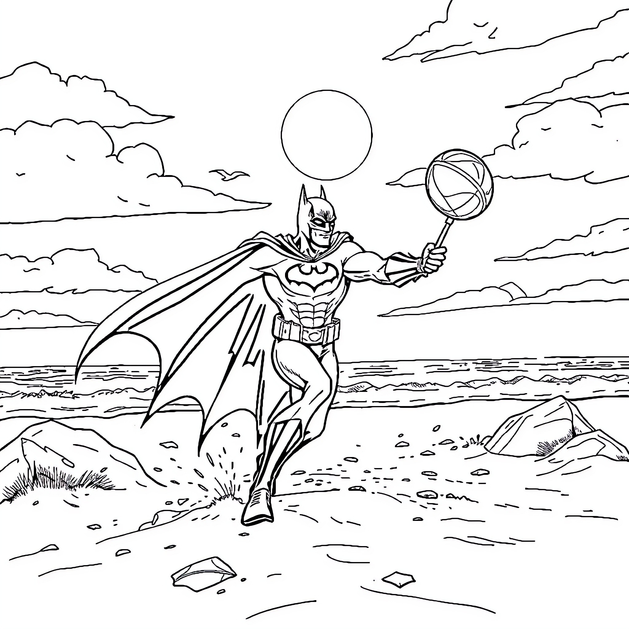 Bat Man soaring on the beach with a ball of light Coloring Page (free black-and-white line drawing printable PDF for all, from beginners to advanced learners, including children, teens, adults, and seniors)