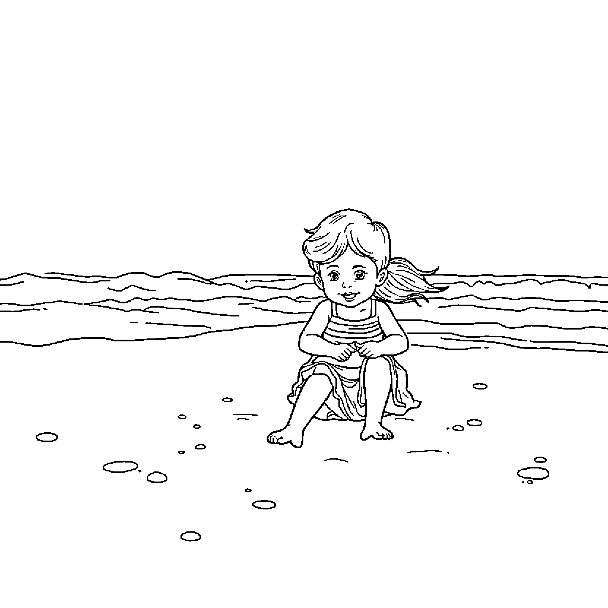 Niño playing on the beach Coloring Page (free black-and-white line drawing printable PDF for all, from beginners to advanced learners, including children, teens, adults, and seniors)
