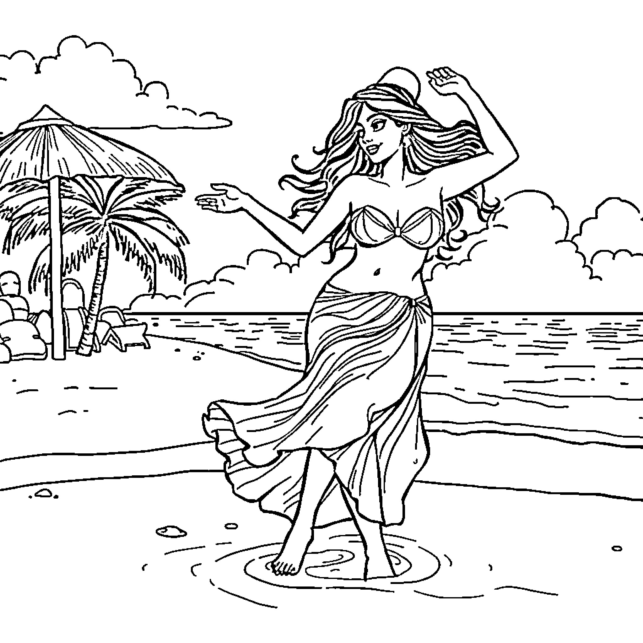 Pena's Beachside Dance Coloring Page (free black-and-white line drawing printable PDF for all, from beginners to advanced learners, including children, teens, adults, and seniors)