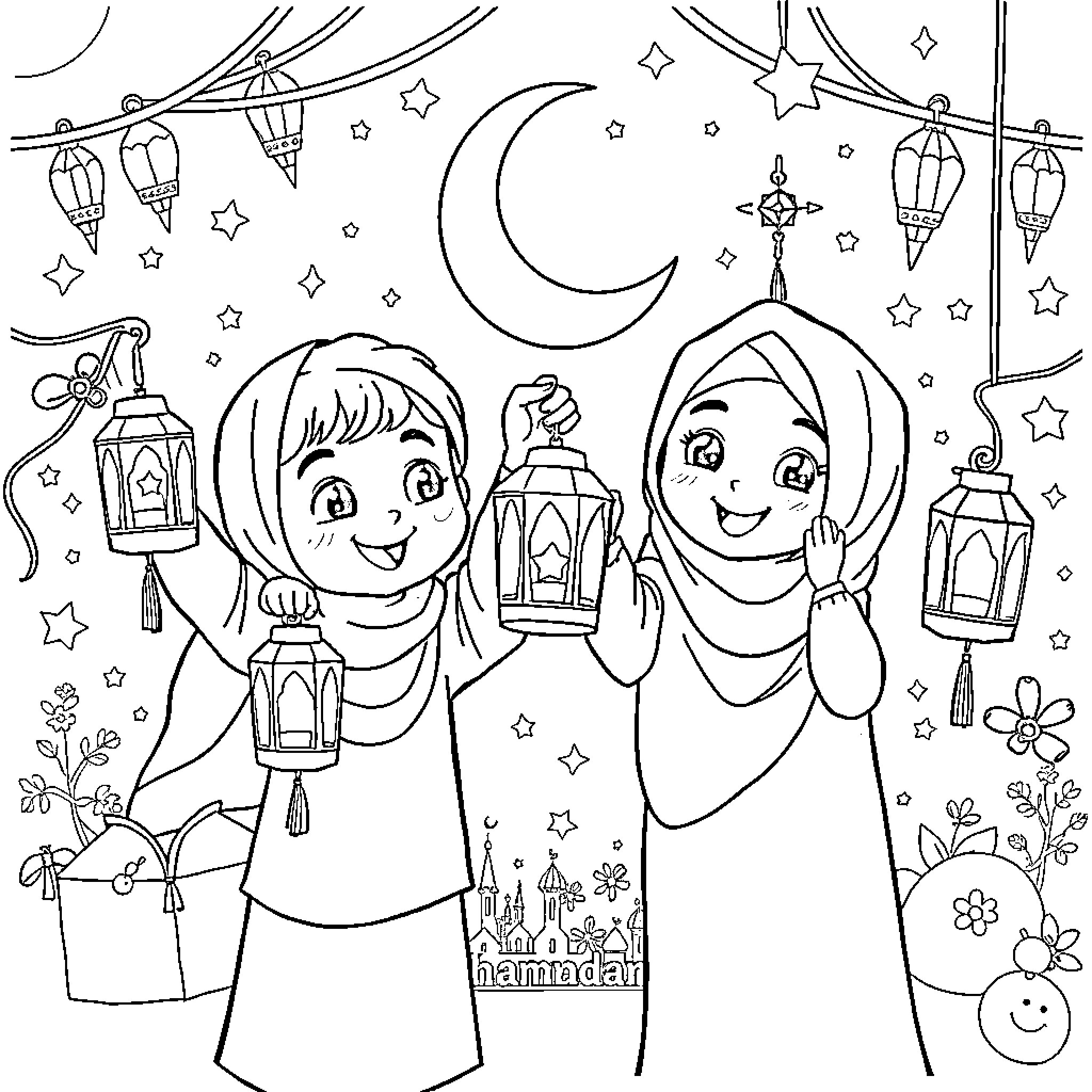 Children celebrating Ramadan with lanterns and moon Coloring Page (free black-and-white line drawing printable PDF for all, from beginners to advanced learners, including children, teens, adults, and seniors)