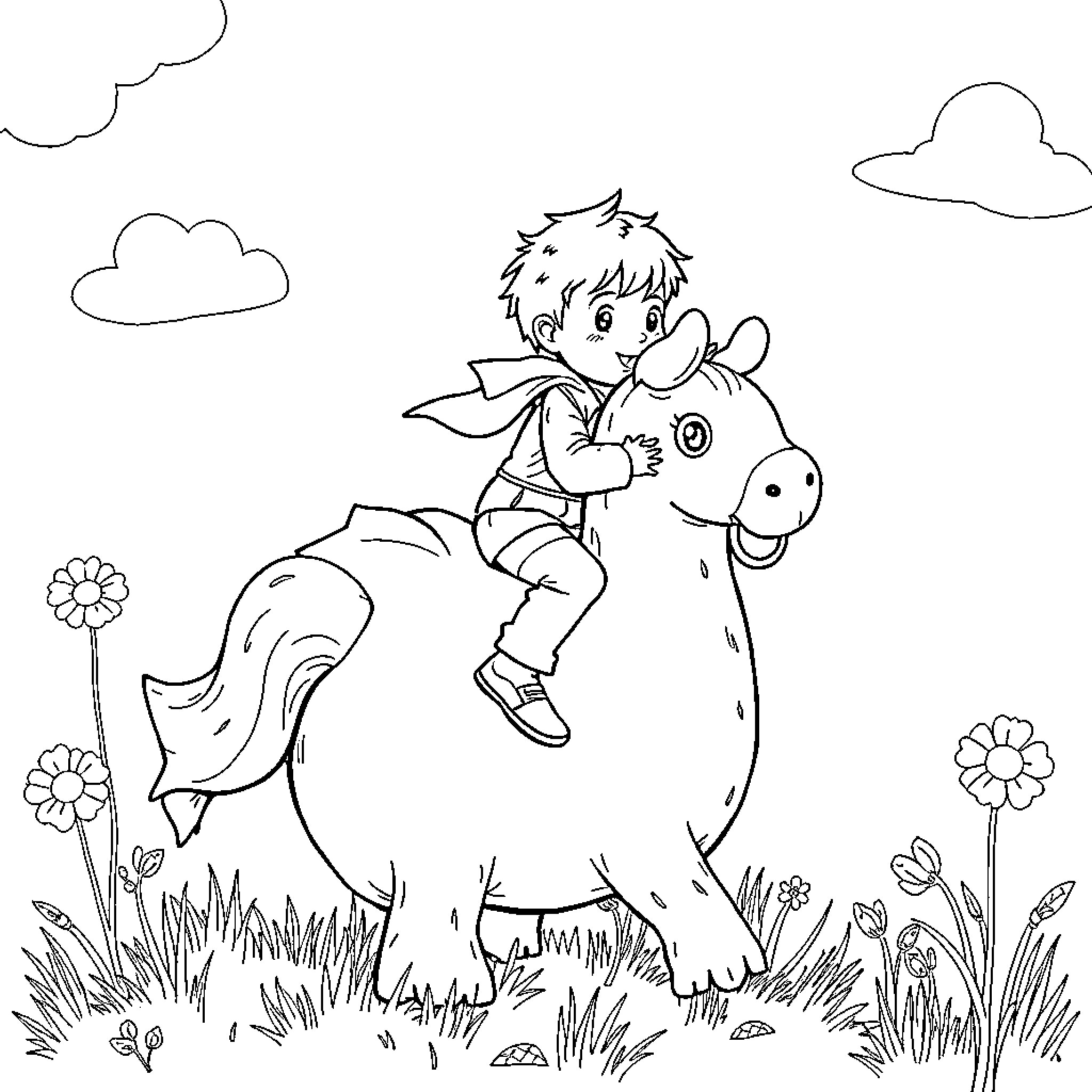 Child riding cheerfully on a pony in nature Coloring Page (free black-and-white line drawing printable PDF for all, from beginners to advanced learners, including children, teens, adults, and seniors)
