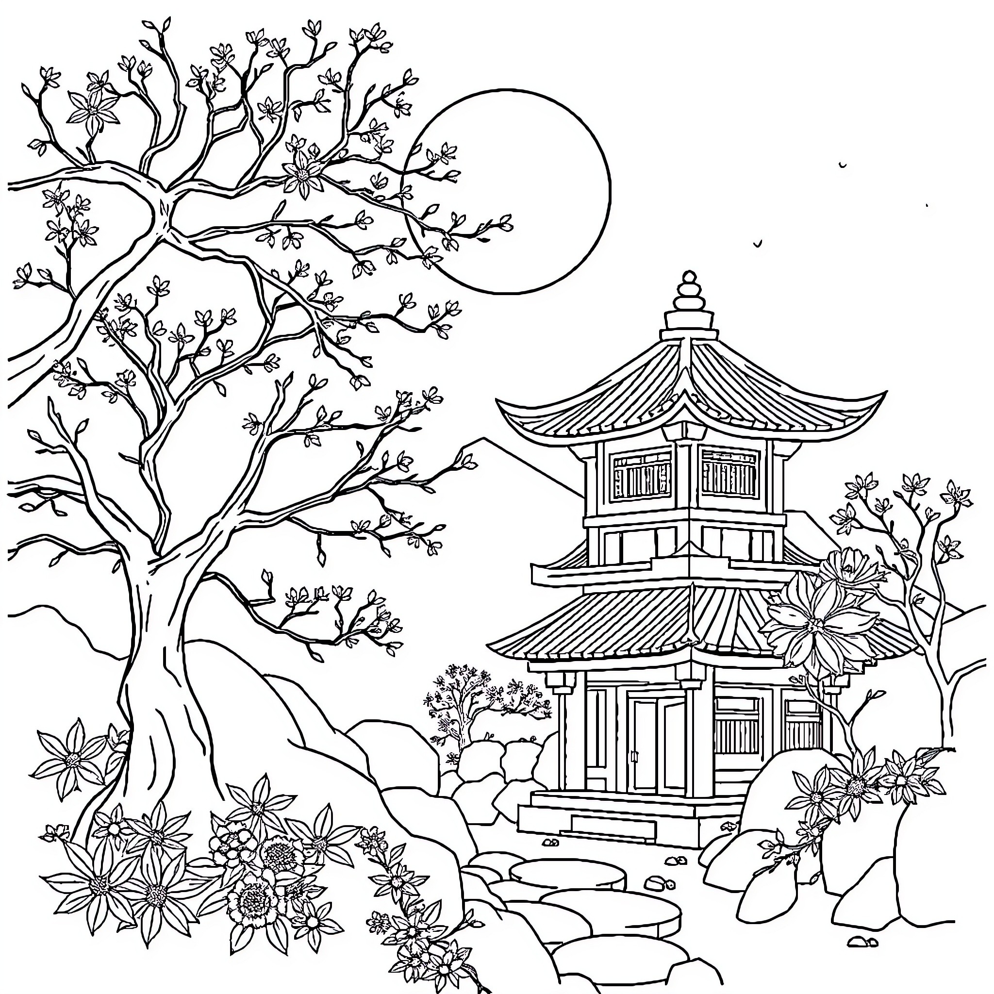 Little Red Riding Hood's journey through a serene Japanese garden Coloring Page (free black-and-white line drawing printable PDF for all, from beginners to advanced learners, including children, teens, adults, and seniors)