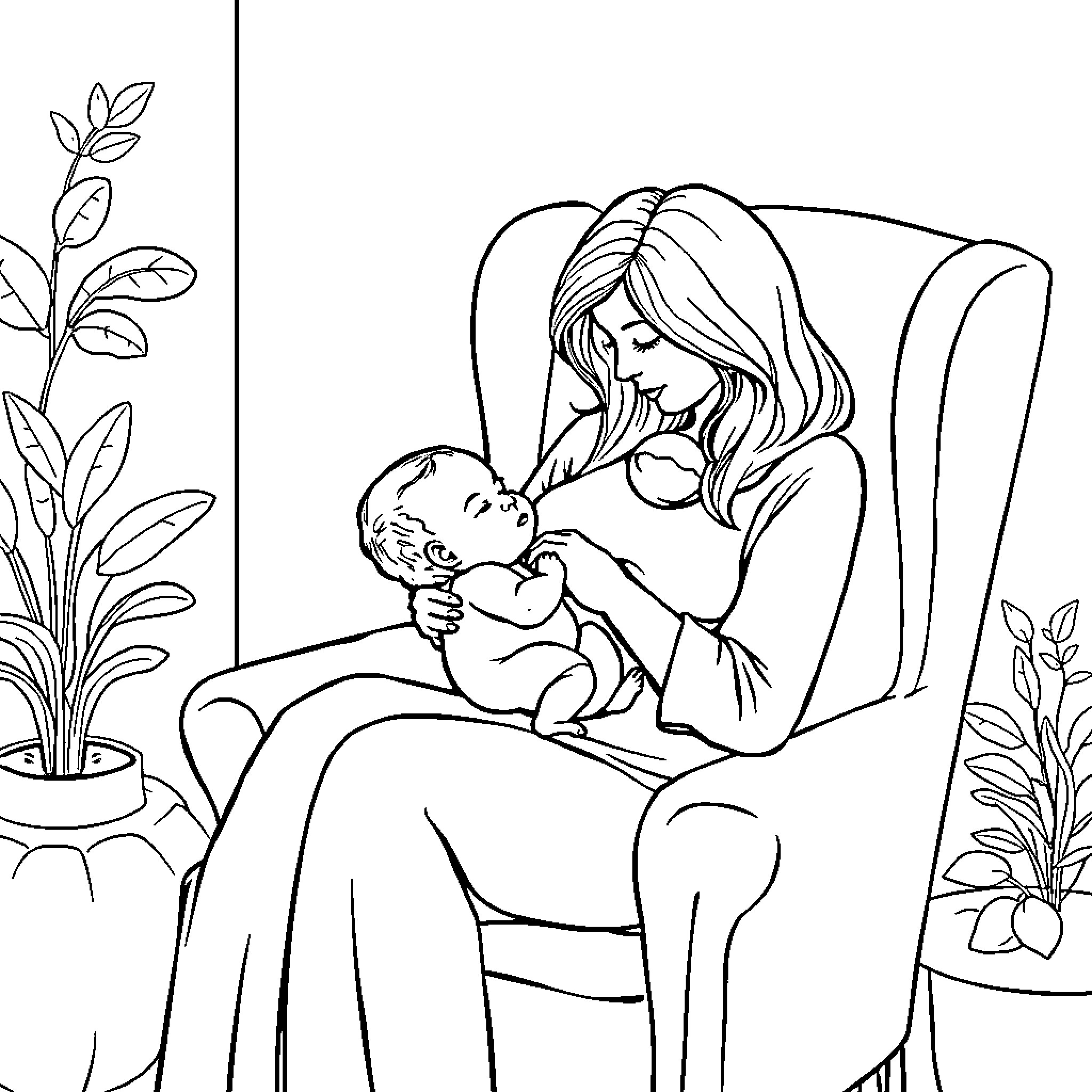 Breastfeeding mother and child in cozy setting Coloring Page (free black-and-white line drawing printable PDF for all, from beginners to advanced learners, including children, teens, adults, and seniors)