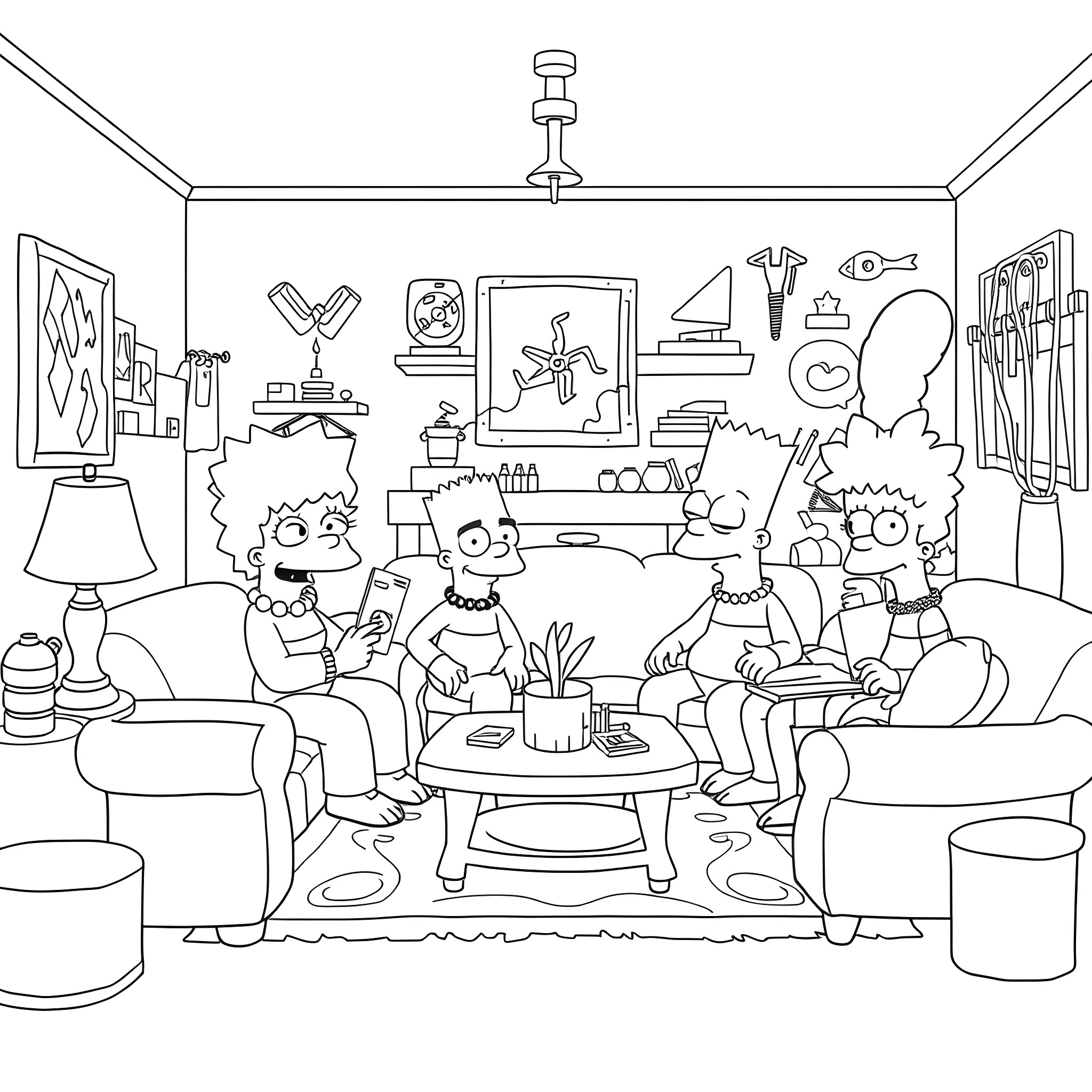 Simpson Family Relaxing in Living Room Coloring Page (free black-and-white line drawing printable PDF for all, from beginners to advanced learners, including children, teens, adults, and seniors)