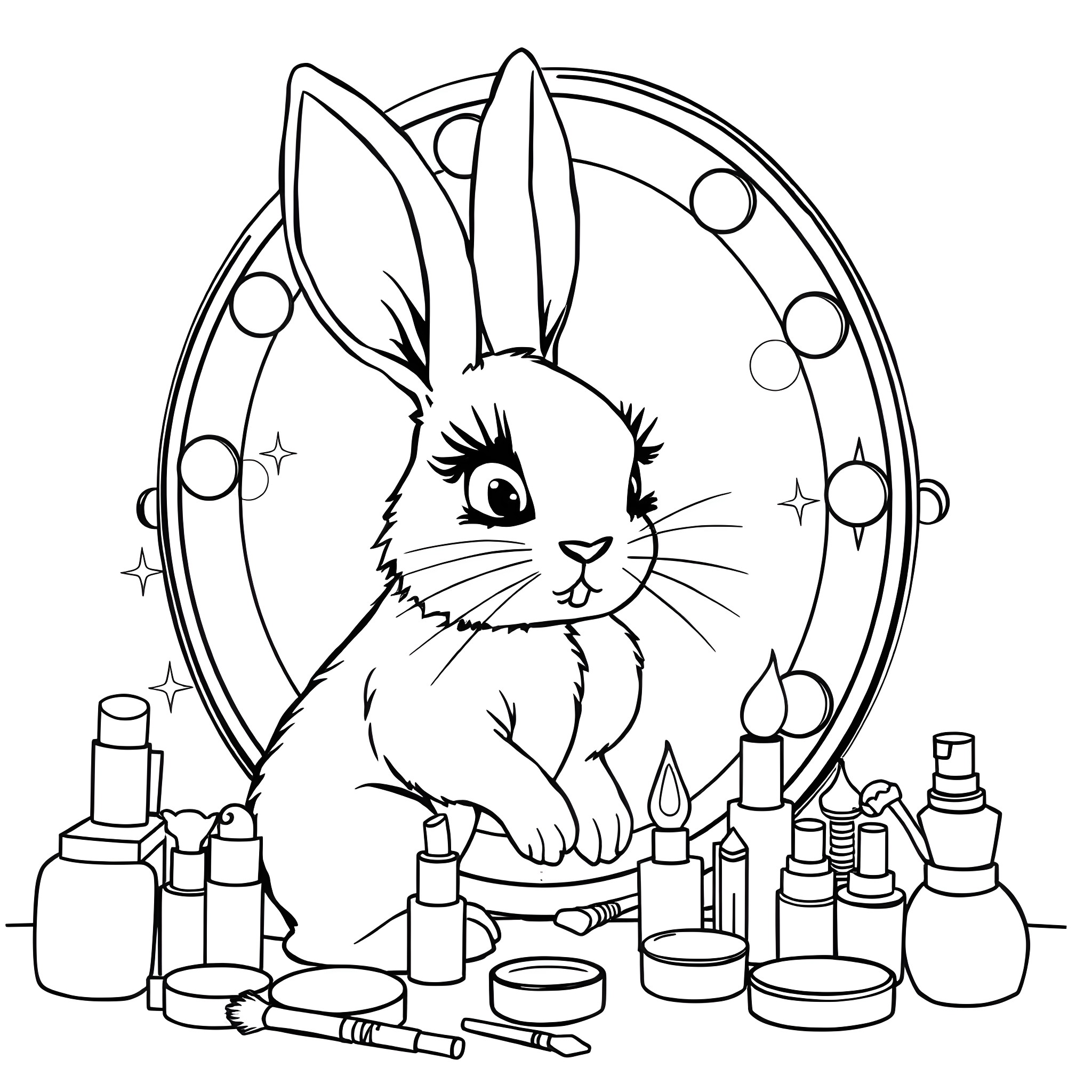 Rabbit with Makeup and Beauty Products Coloring Page (free black-and-white line drawing printable PDF for all, from beginners to advanced learners, including children, teens, adults, and seniors)