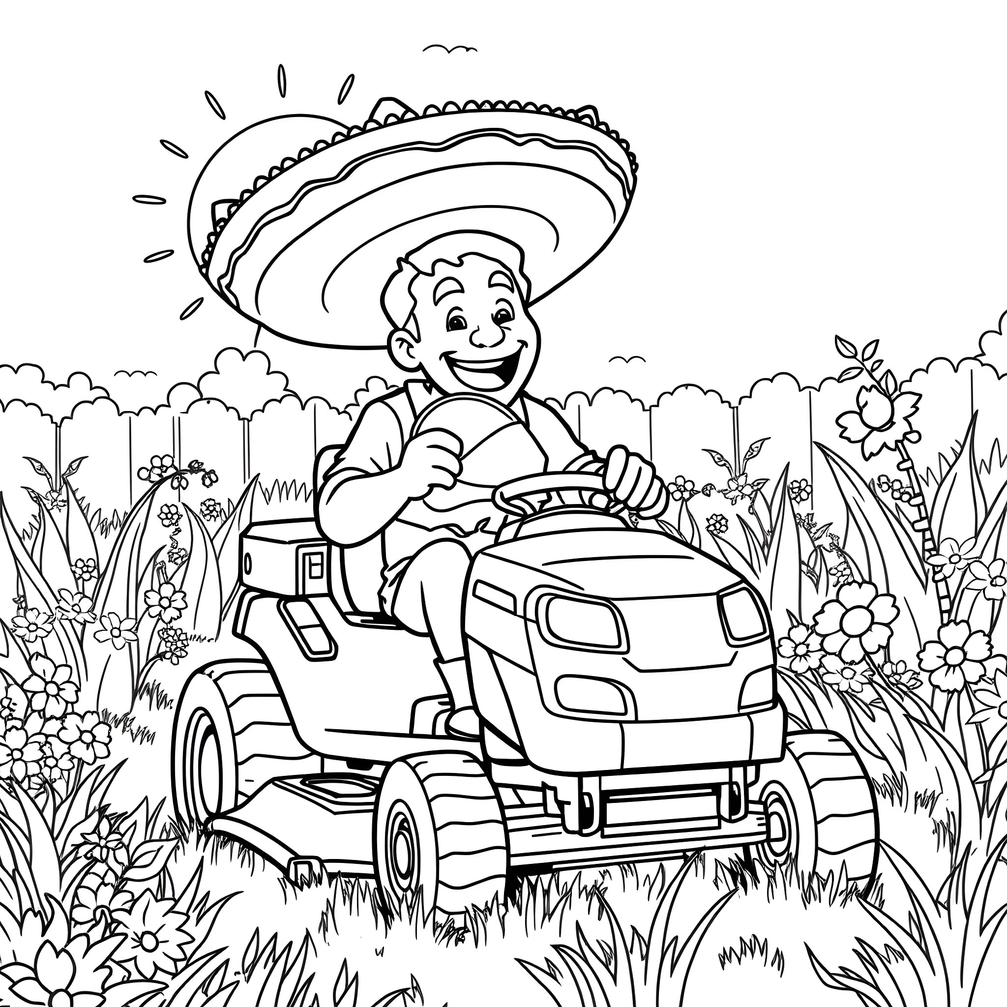 Man riding a lawn mower in a garden Coloring Page (free black-and-white line drawing printable PDF for all, from beginners to advanced learners, including children, teens, adults, and seniors)