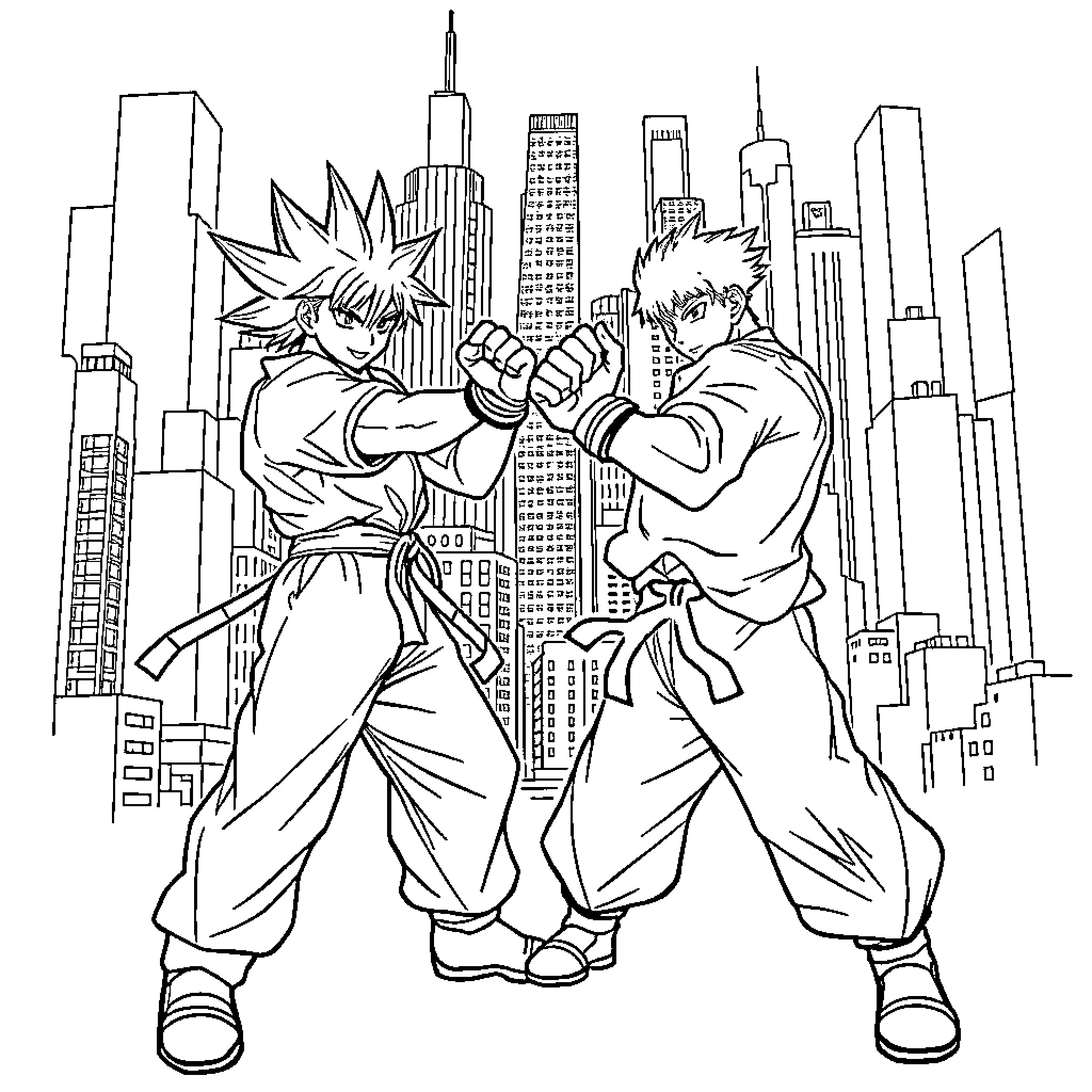 Anime Fighter Dueling in the City Coloring Page (free black-and-white line drawing printable PDF for all, from beginners to advanced learners, including children, teens, adults, and seniors)