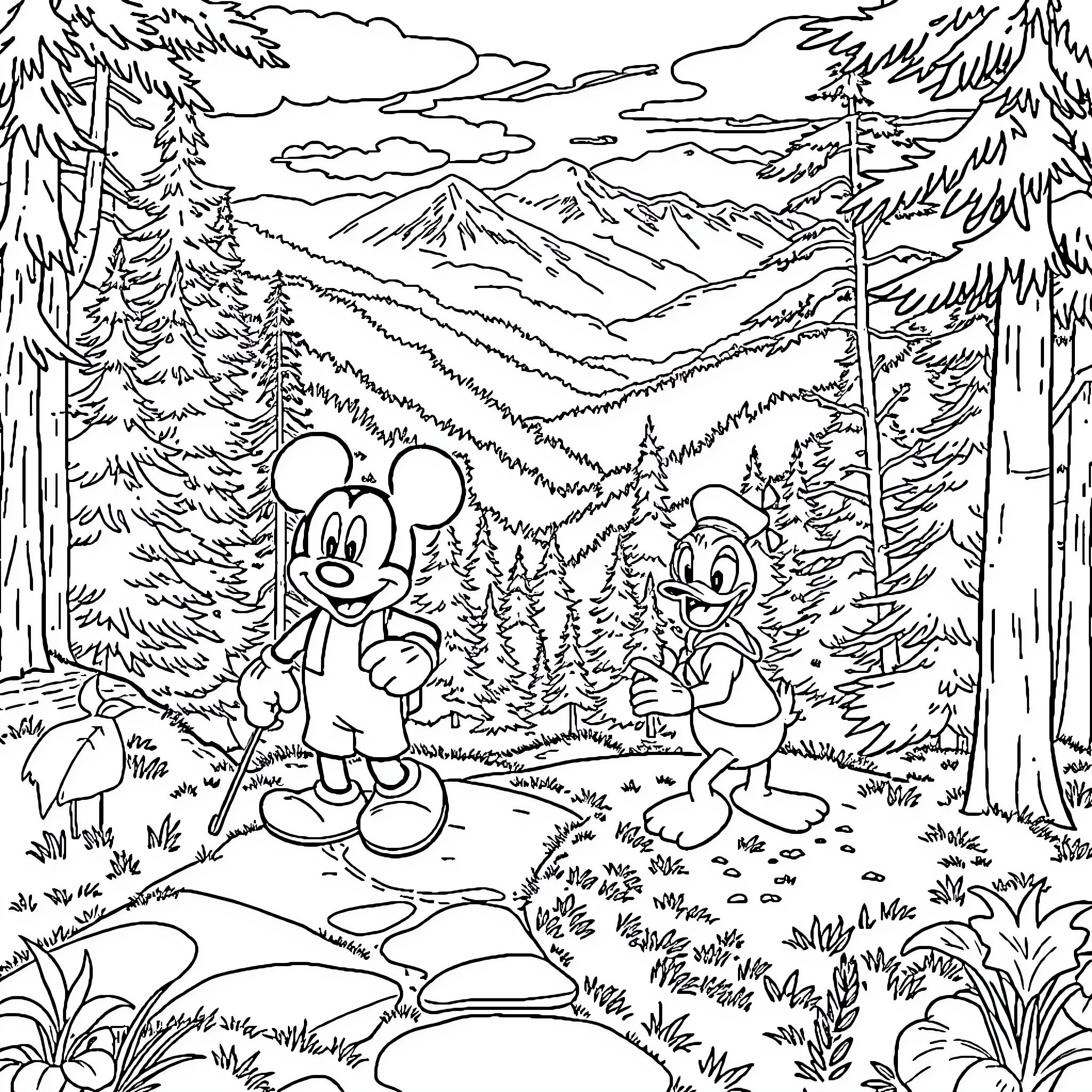 Mickey Mouse and Friends Hiking in the Wilderness Coloring Page (free black-and-white line drawing printable PDF for all, from beginners to advanced learners, including children, teens, adults, and seniors)