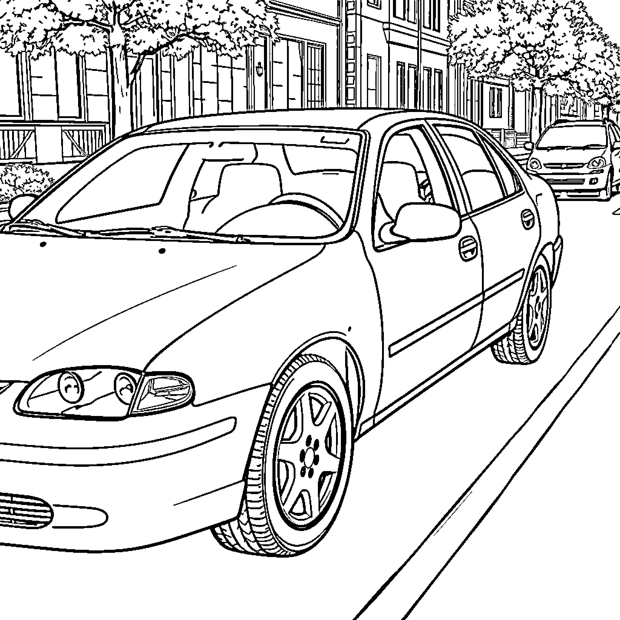 Chevy Cavalier parked on city street Coloring Page (free black-and-white line drawing printable PDF for all, from beginners to advanced learners, including children, teens, adults, and seniors)