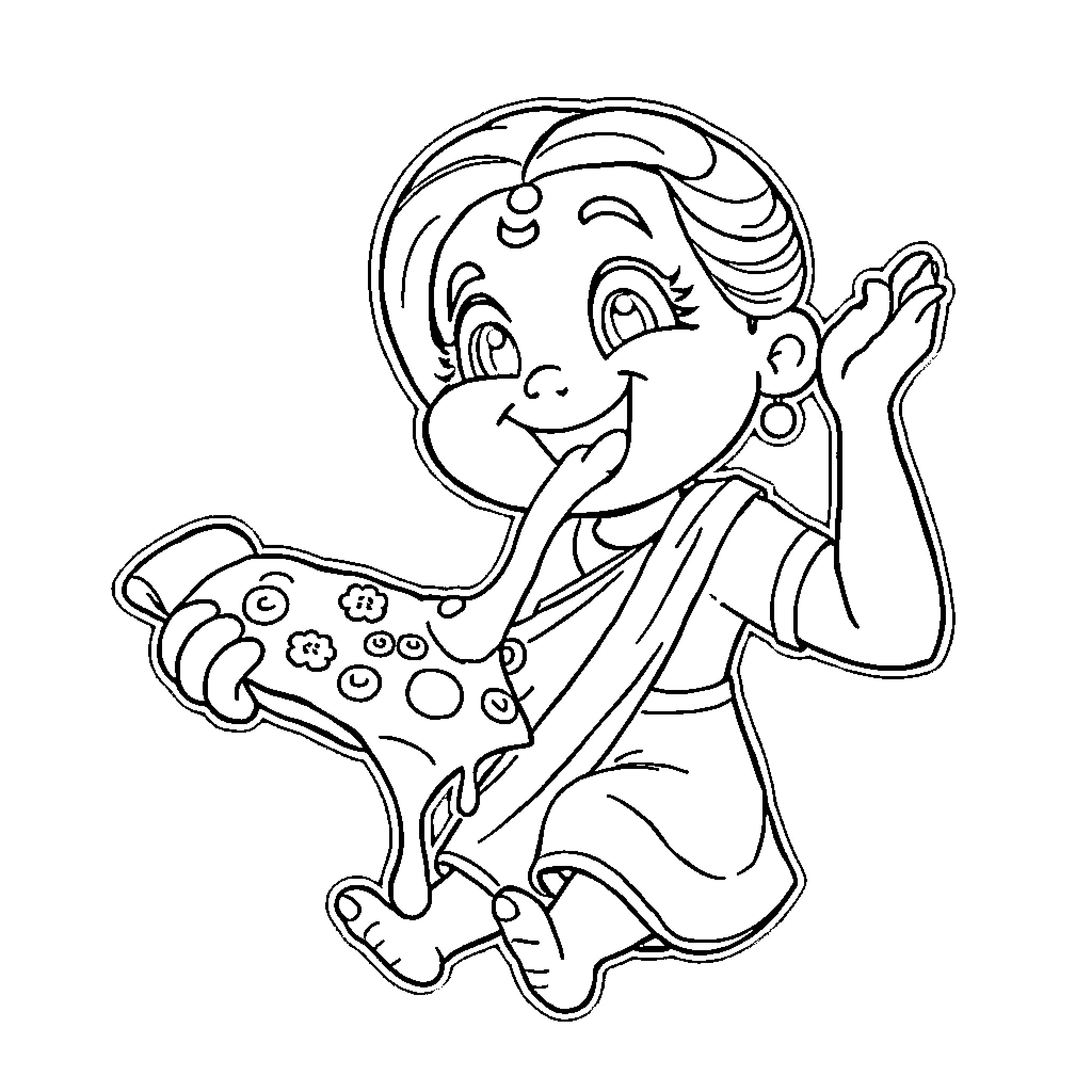 Mohana playing joyfully with game controller Coloring Page (free black-and-white line drawing printable PDF for all, from beginners to advanced learners, including children, teens, adults, and seniors)