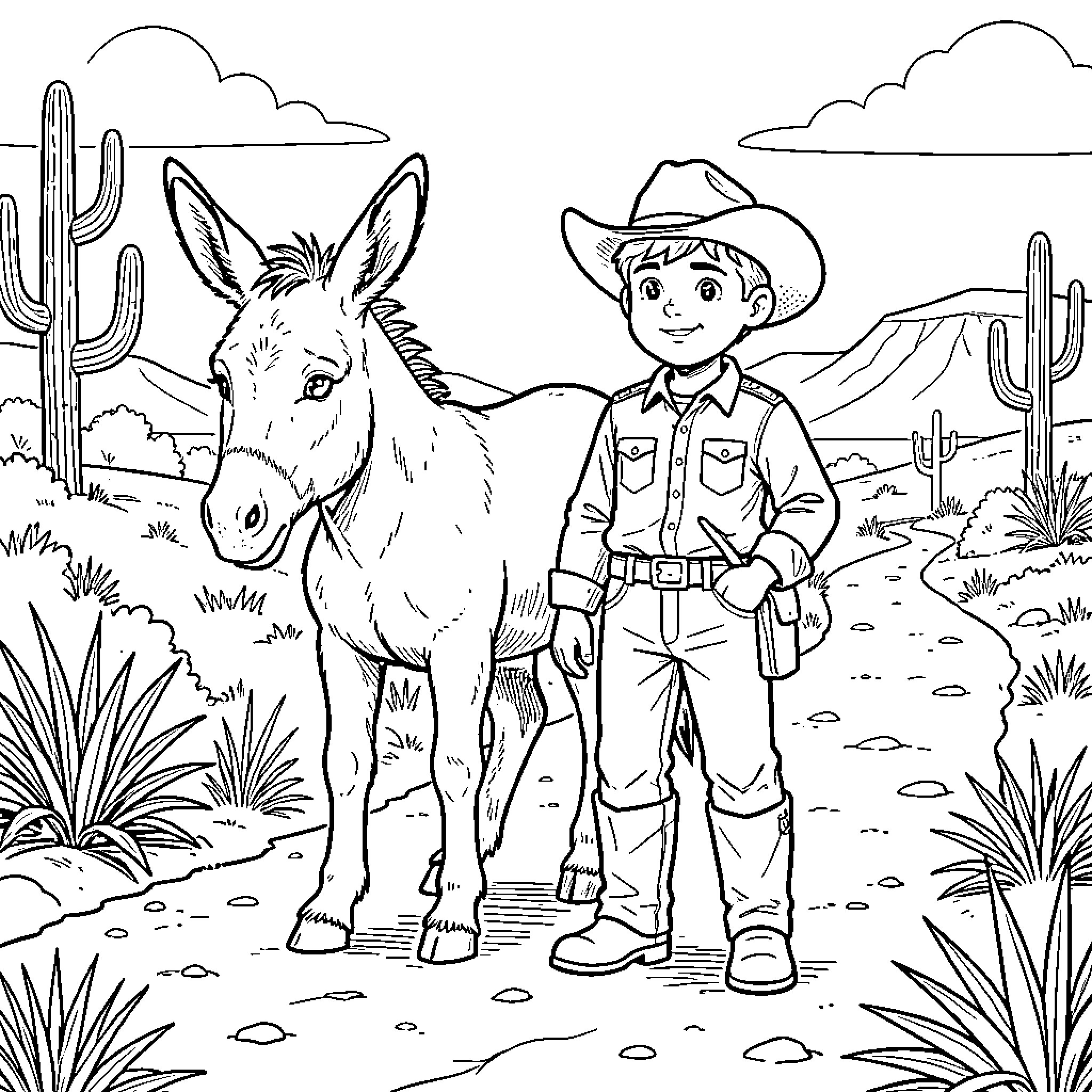Cowboy standing proudly beside his donkey in the desert Coloring Page (free black-and-white line drawing printable PDF for all, from beginners to advanced learners, including children, teens, adults, and seniors)