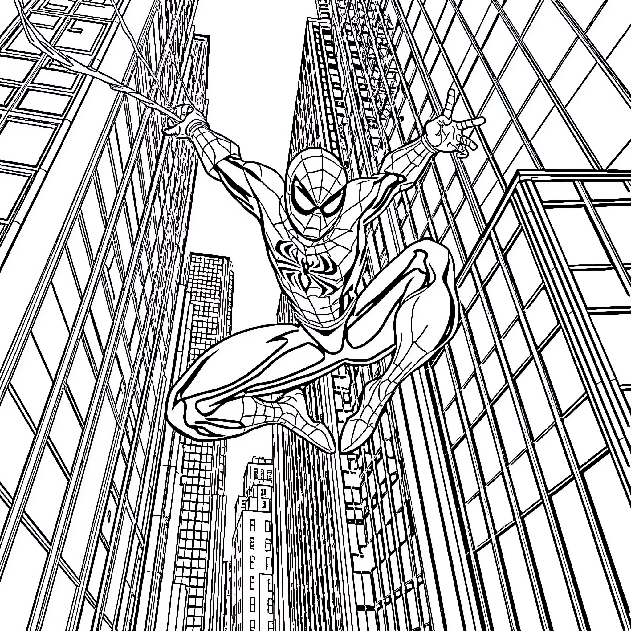 Spiderman swinging through the city skyline Coloring Page (free black-and-white line drawing printable PDF for all, from beginners to advanced learners, including children, teens, adults, and seniors)