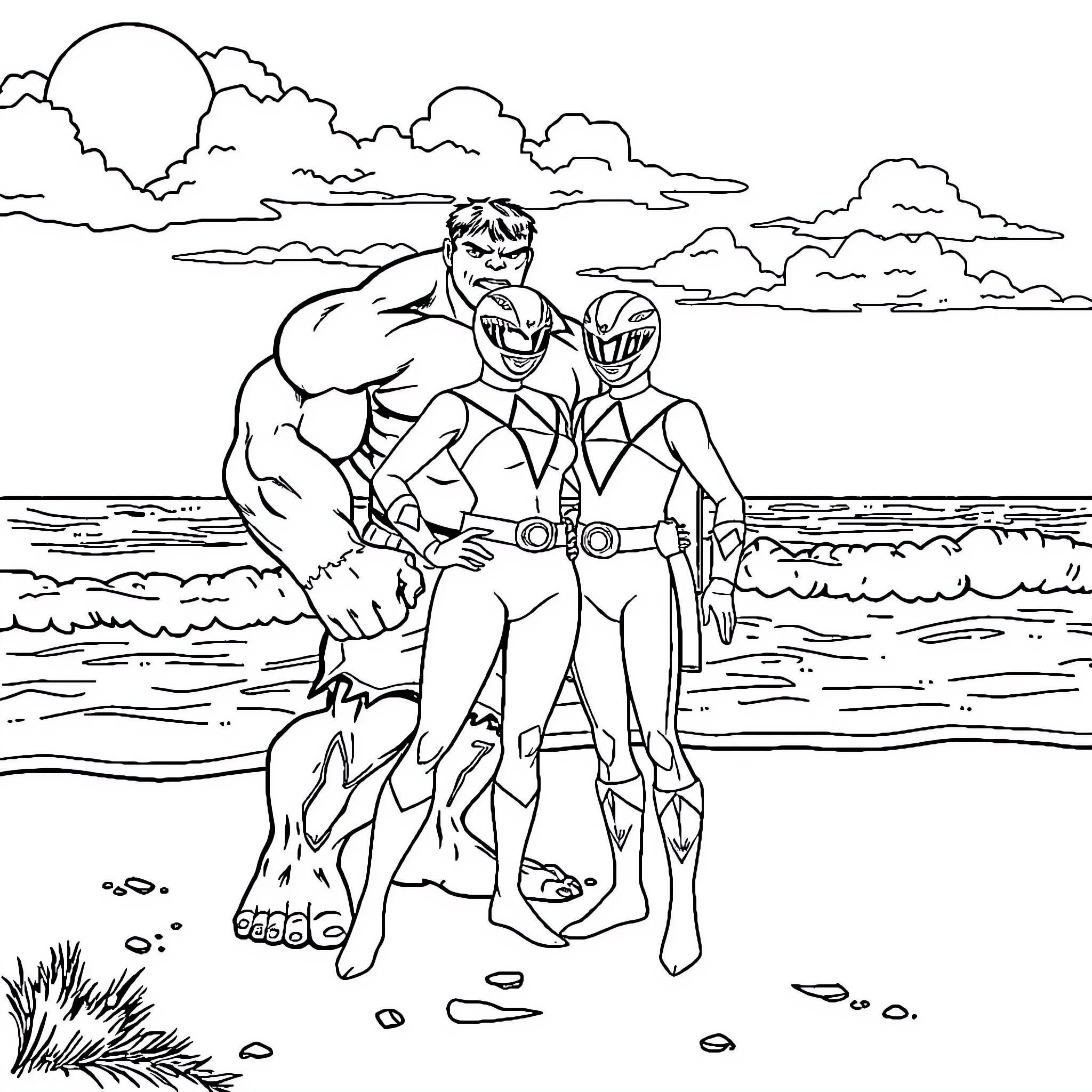 Hulk and Power Rangers Facing Challenges in Nature Coloring Page (free black-and-white line drawing printable PDF for all, from beginners to advanced learners, including children, teens, adults, and seniors)
