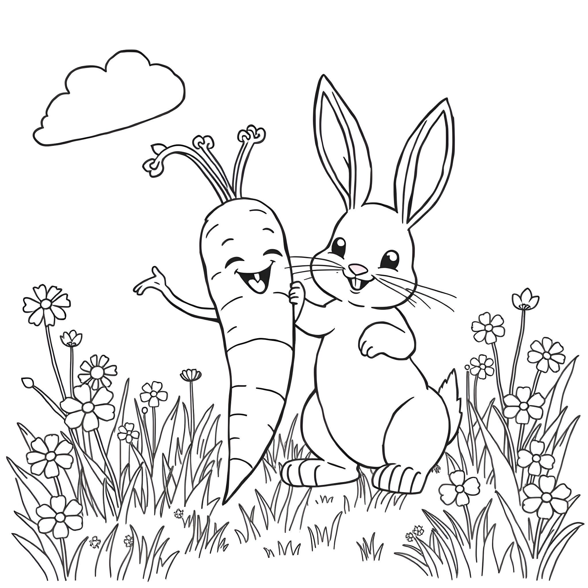 Carrot and Rabbit Friends in Flower Garden Coloring Page (free black-and-white line drawing printable PDF for all, from beginners to advanced learners, including children, teens, adults, and seniors)