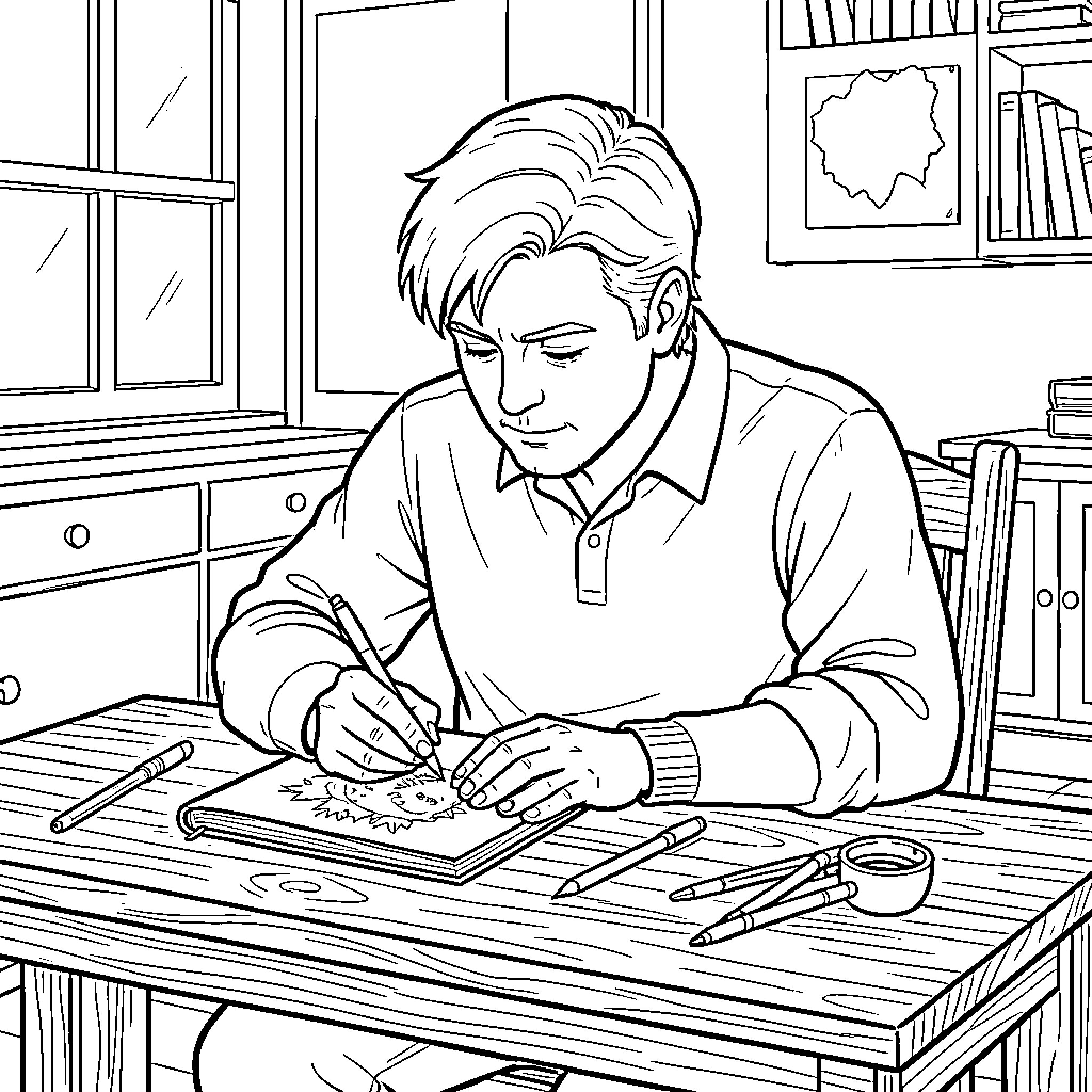 Robert focused on drawing in a sketchbook at a desk Coloring Page (free black-and-white line drawing printable PDF for all, from beginners to advanced learners, including children, teens, adults, and seniors)