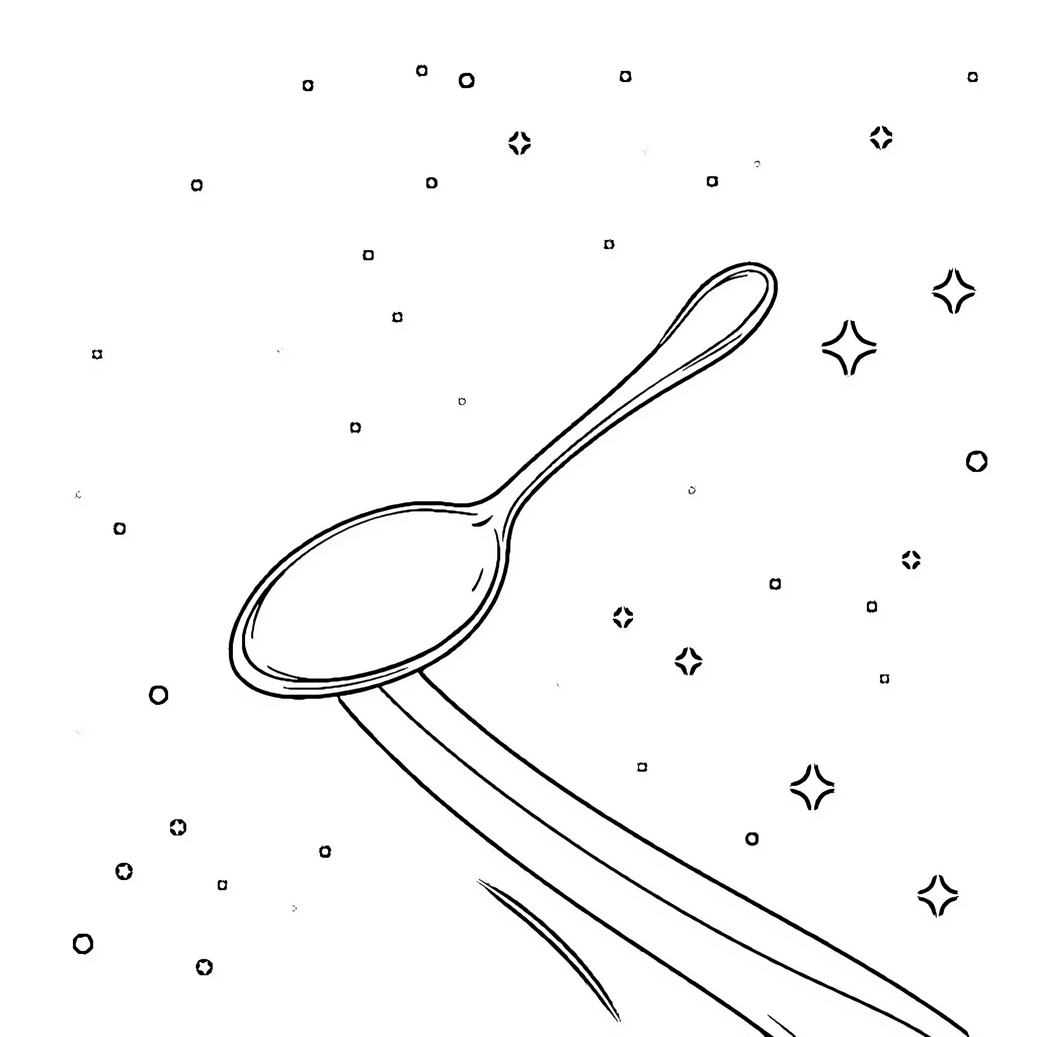 Spoon dancing among the stars Coloring Page (free black-and-white line drawing printable PDF for all, from beginners to advanced learners, including children, teens, adults, and seniors)