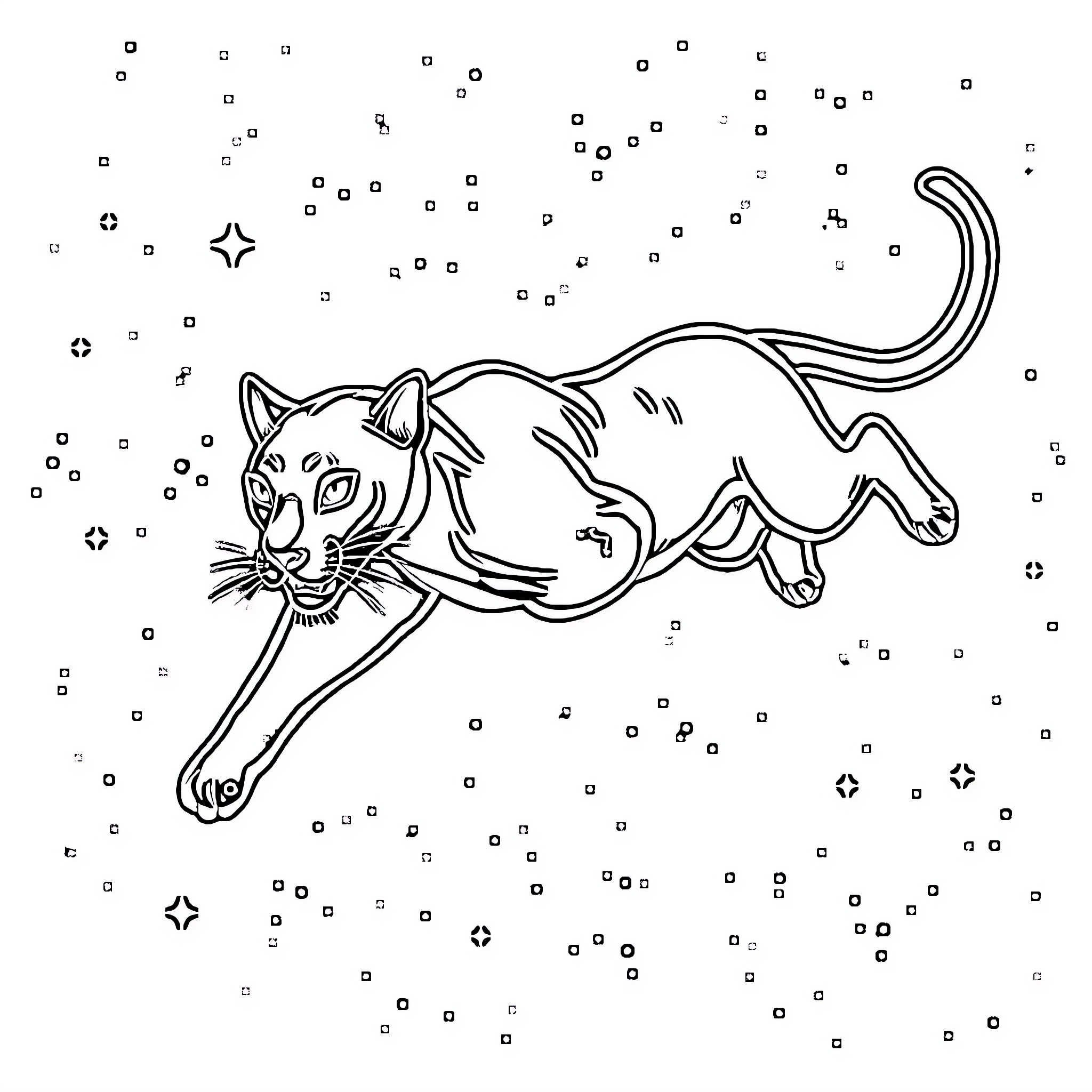 Panther stalking prey under the starry sky Coloring Page (free black-and-white line drawing printable PDF for all, from beginners to advanced learners, including children, teens, adults, and seniors)