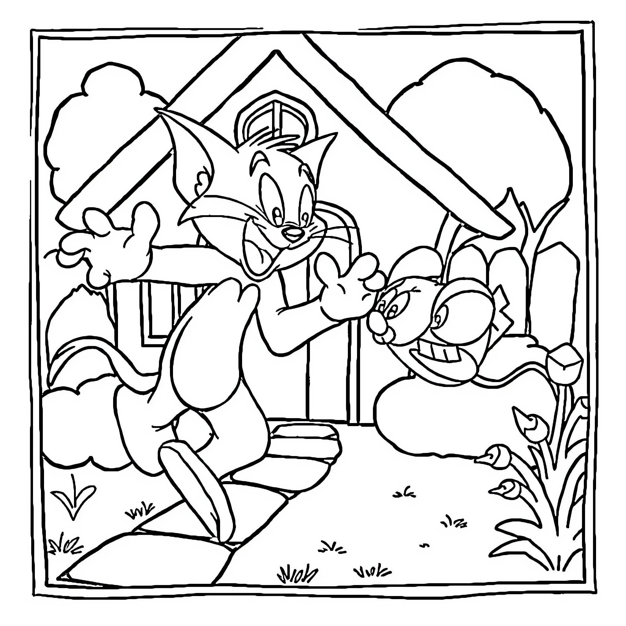 Tom and Jerry's Animated Antics in the Outdoor Scene Coloring Page (free black-and-white line drawing printable PDF for all, from beginners to advanced learners, including children, teens, adults, and seniors)