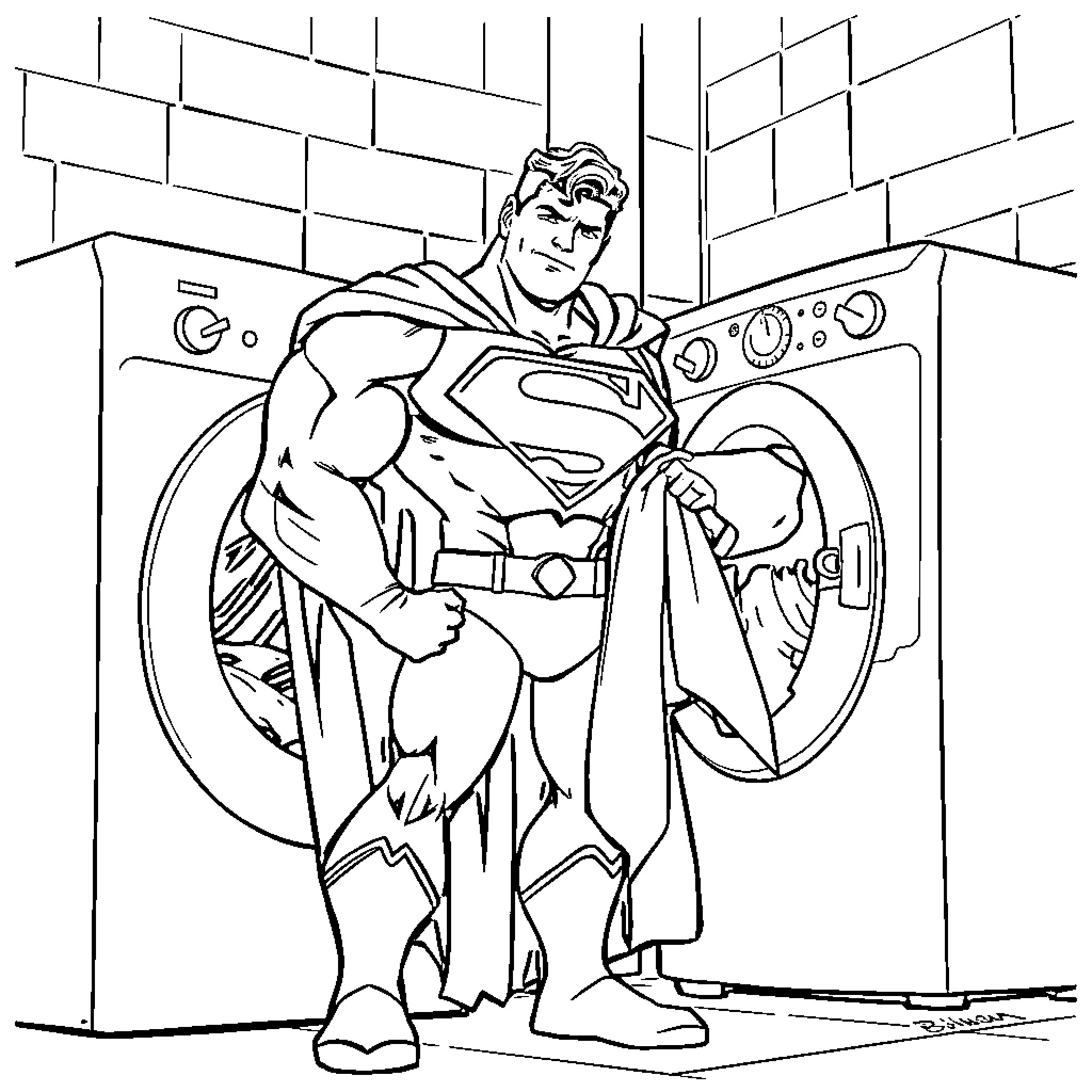 Superman doing laundry in the washing machine Coloring Page (free black-and-white line drawing printable PDF for all, from beginners to advanced learners, including children, teens, adults, and seniors)