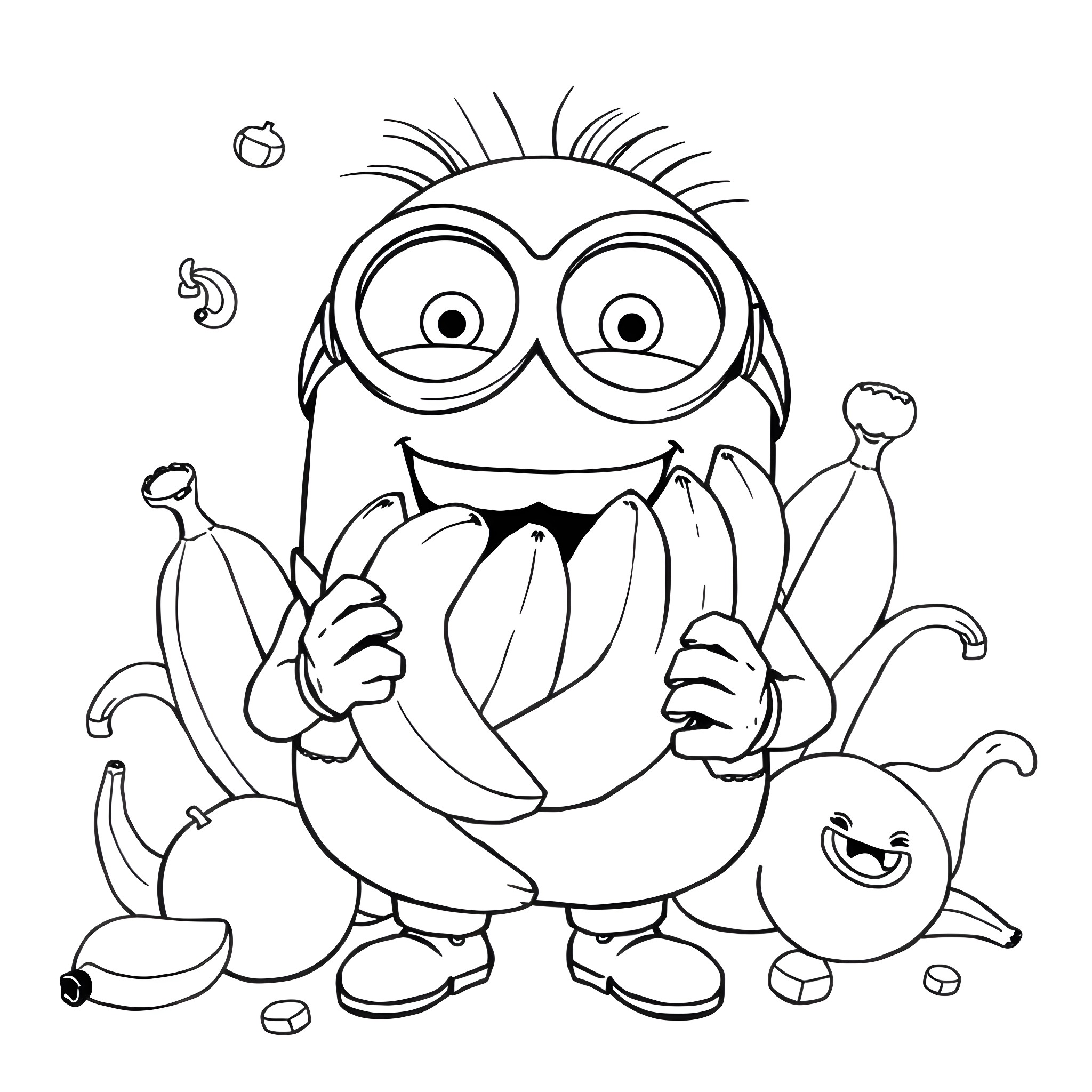 Minion enjoying a tasty banana with friends Coloring Page (free black-and-white line drawing printable PDF for all, from beginners to advanced learners, including children, teens, adults, and seniors)