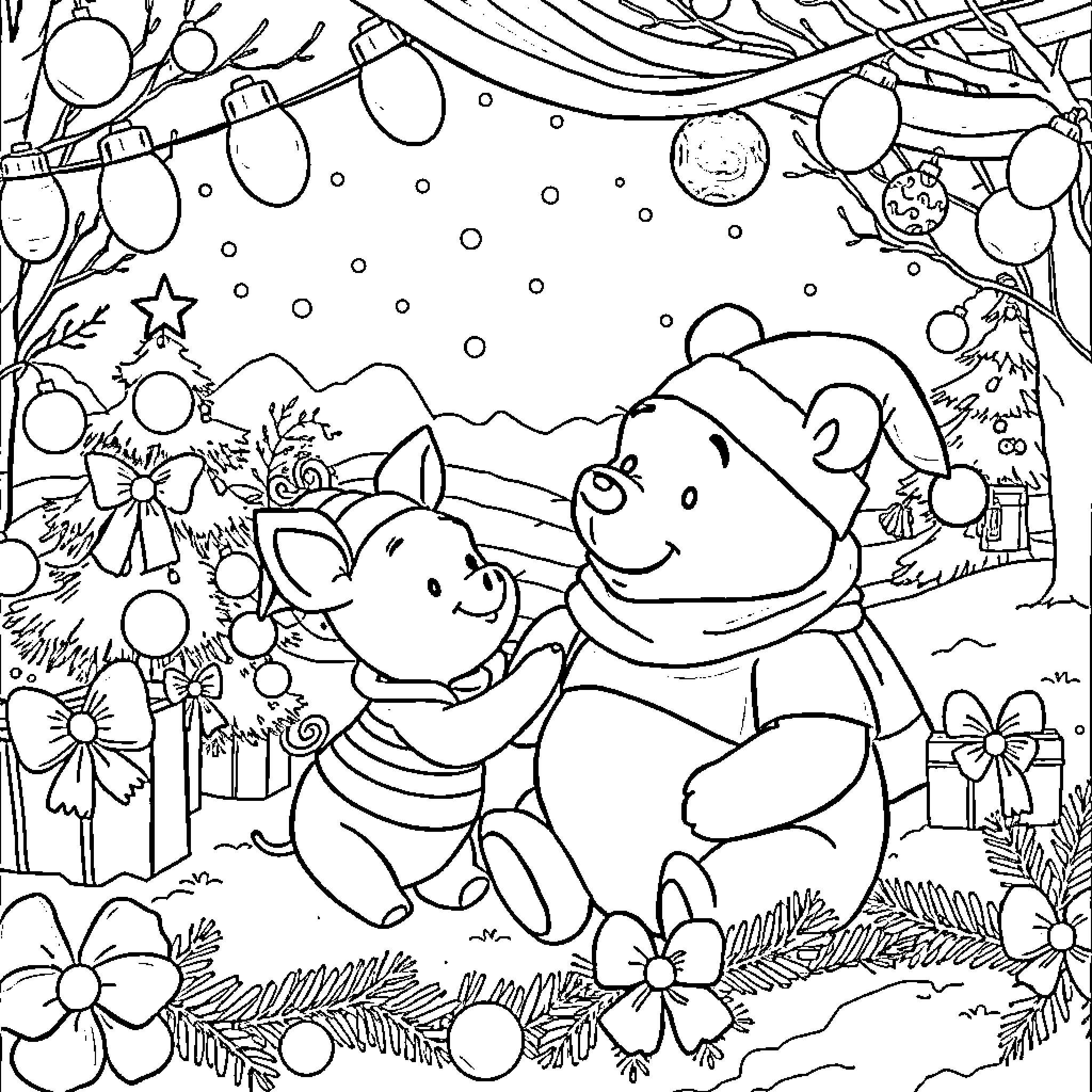 Piglet celebrating Christmas with friends in the forest Coloring Page (free black-and-white line drawing printable PDF for all, from beginners to advanced learners, including children, teens, adults, and seniors)