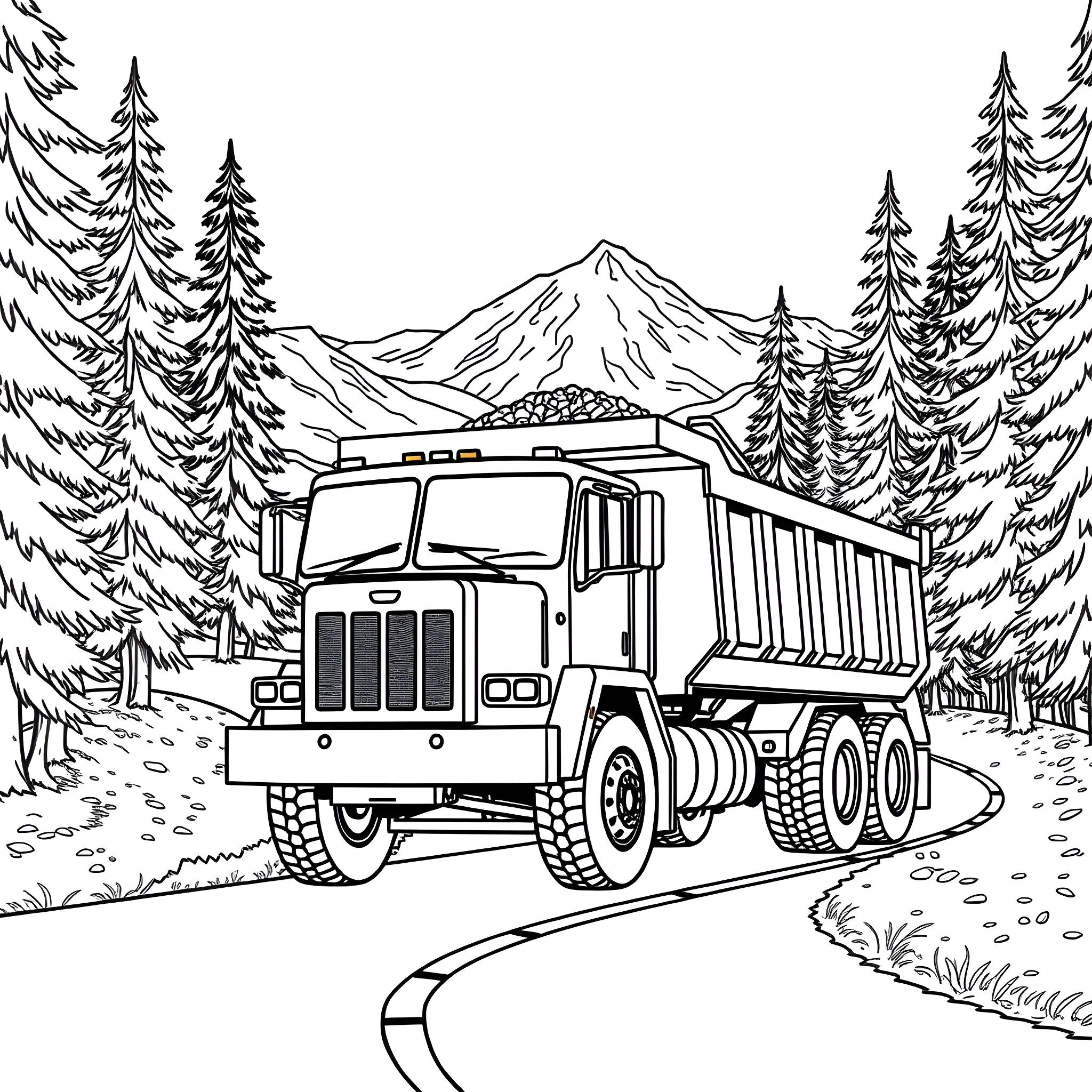 Dump Truck Traversing a Mountain Road Coloring Page (free black-and-white line drawing printable PDF for all, from beginners to advanced learners, including children, teens, adults, and seniors)