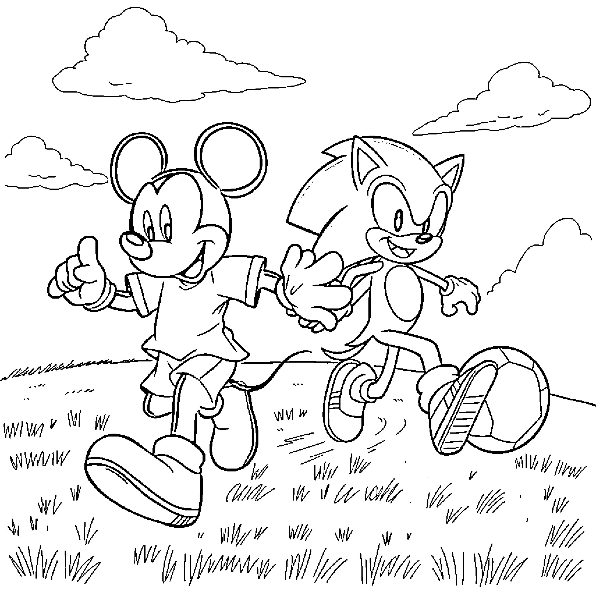 Mickey Mouse and Sonic the Hedgehog playing outdoors Coloring Page (free black-and-white line drawing printable PDF for all, from beginners to advanced learners, including children, teens, adults, and seniors)