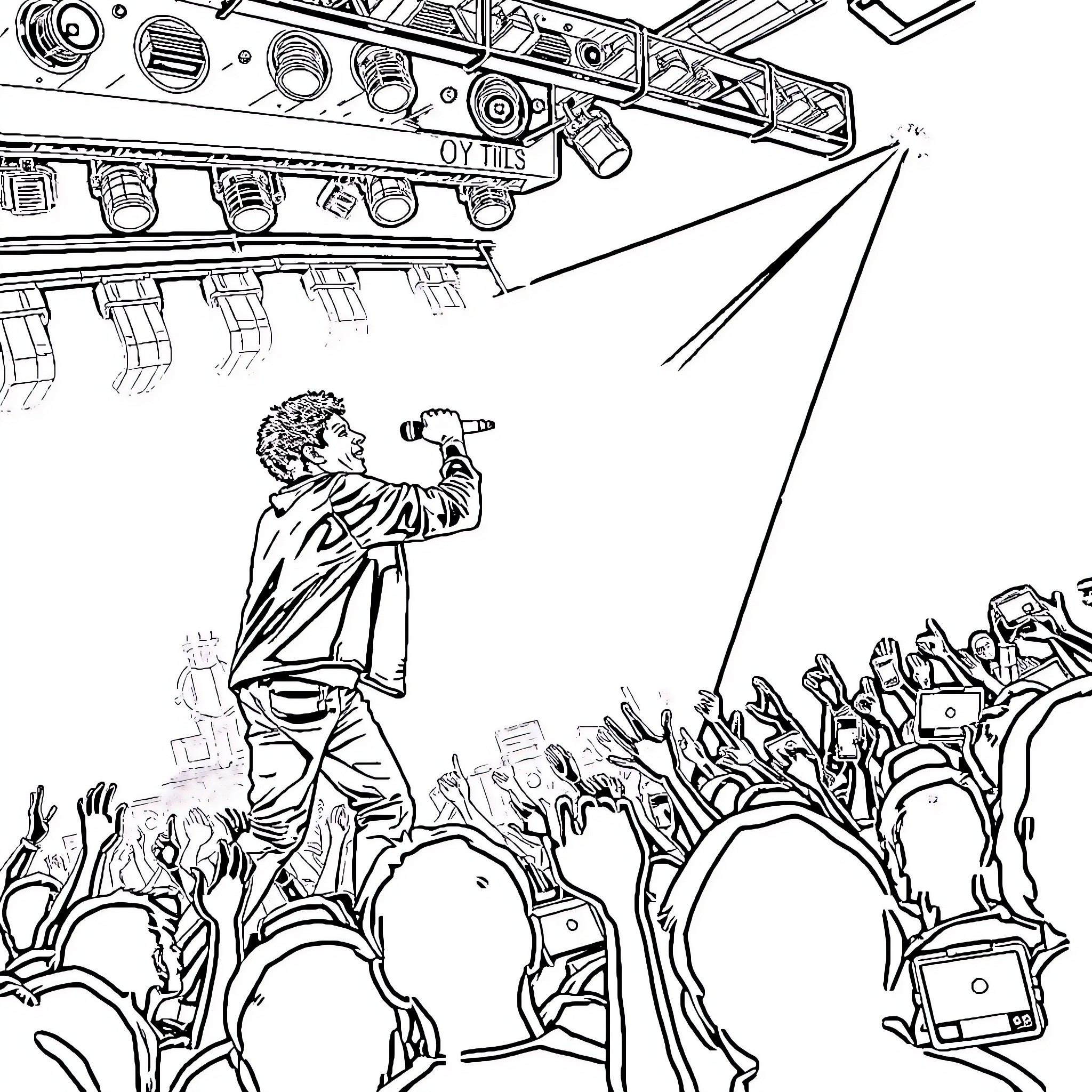 Bruno Mars Entertaining Energetic Crowd at Vibrant Concert Coloring Page (free black-and-white line drawing printable PDF for all, from beginners to advanced learners, including children, teens, adults, and seniors)
