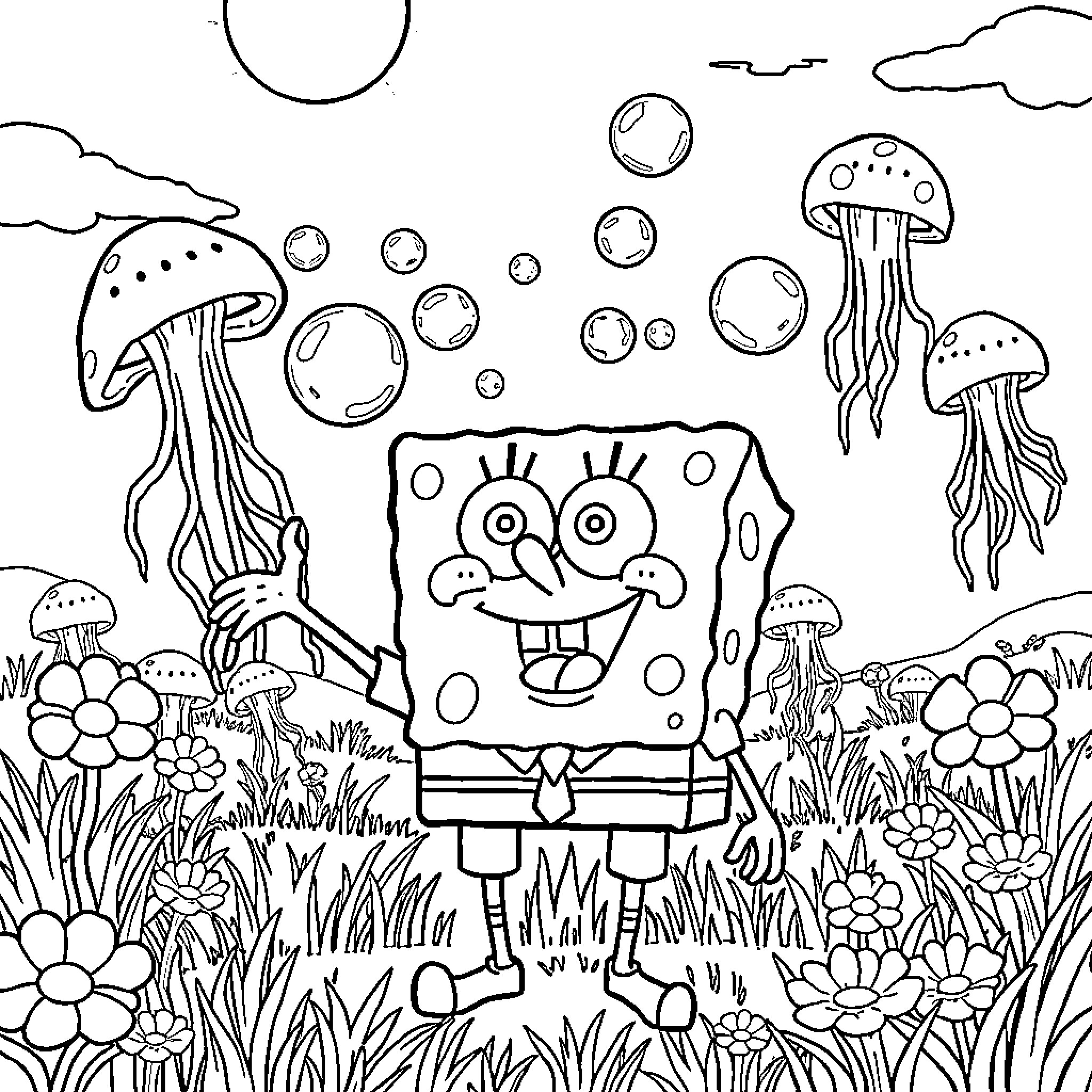 Spongebob playing in an underwater meadow Coloring Page (free black-and-white line drawing printable PDF for all, from beginners to advanced learners, including children, teens, adults, and seniors)