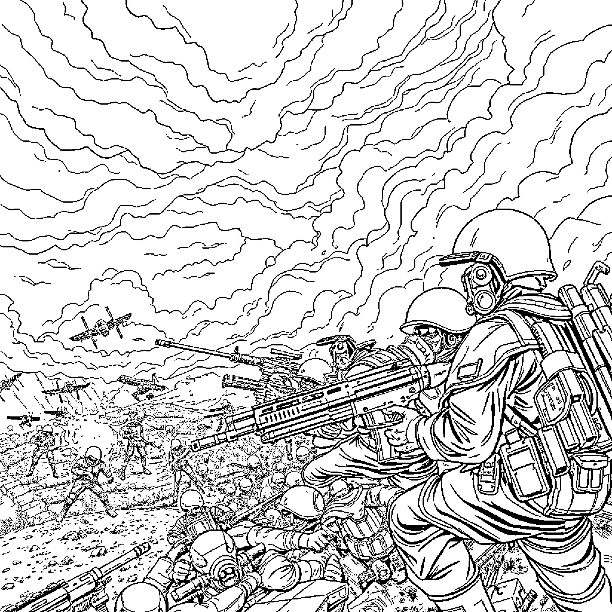Army soldiers in combat with heavy artillery support Coloring Page (free black-and-white line drawing printable PDF for all, from beginners to advanced learners, including children, teens, adults, and seniors)