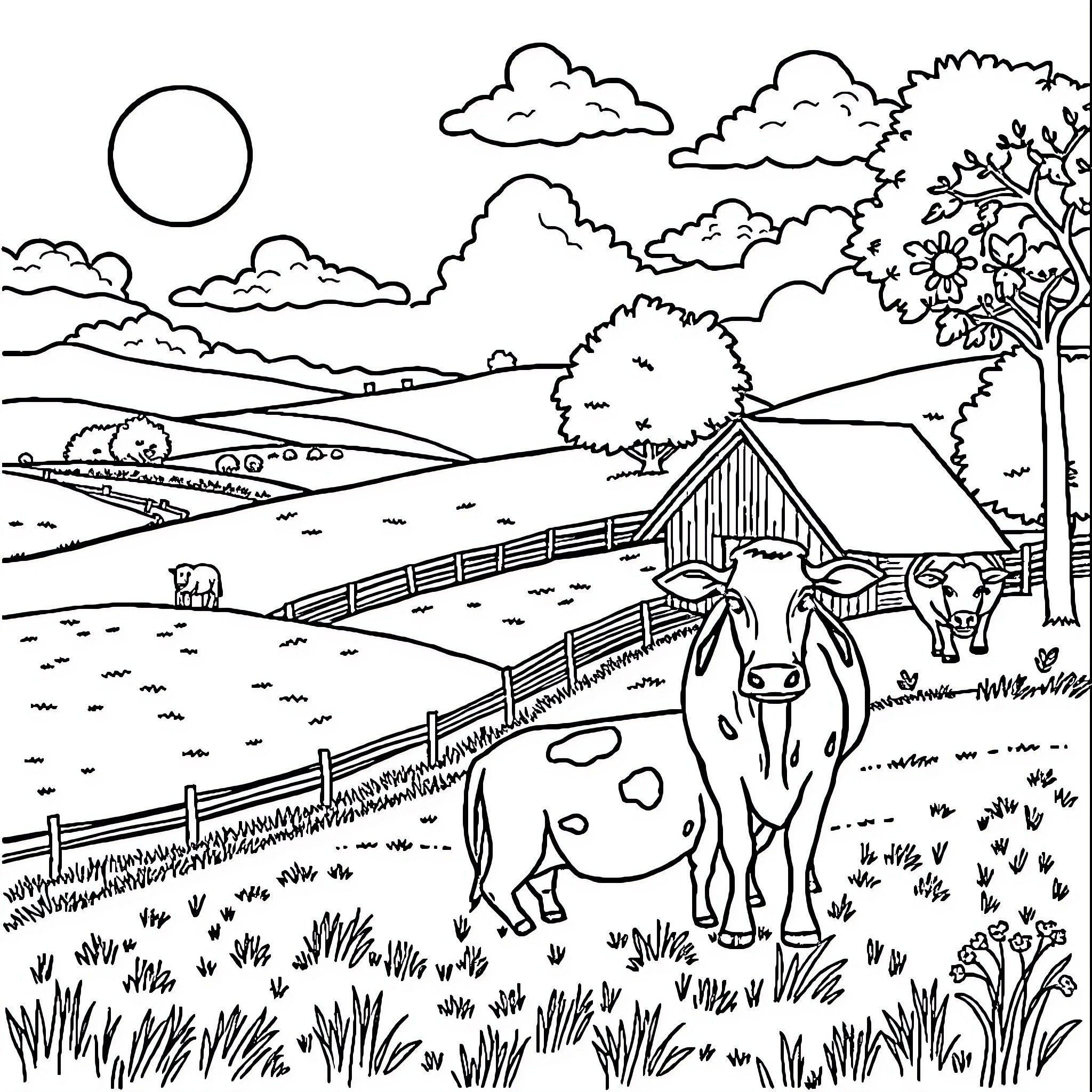 Cow grazing peacefully in the countryside landscape Coloring Page (free black-and-white line drawing printable PDF for all, from beginners to advanced learners, including children, teens, adults, and seniors)