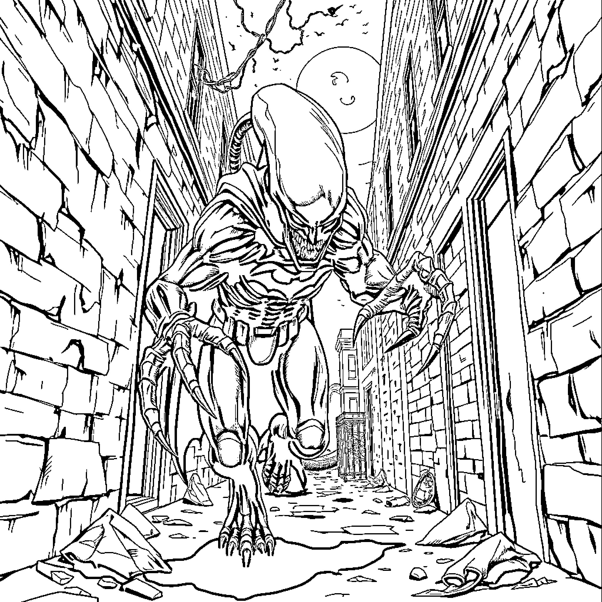 Xenomorph Stalking Prey in Ruined City Coloring Page (free black-and-white line drawing printable PDF for all, from beginners to advanced learners, including children, teens, adults, and seniors)