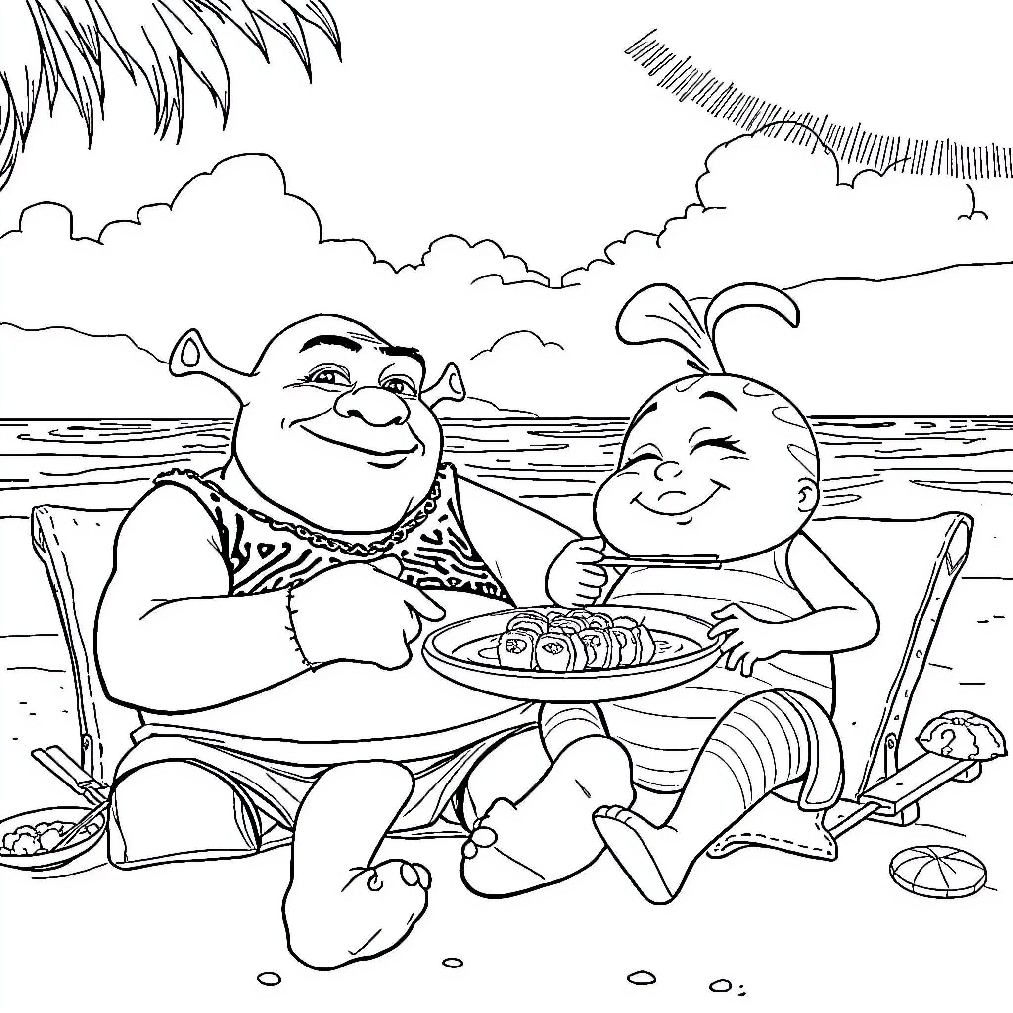 Shrek and Donkey enjoying a beach picnic Coloring Page (free black-and-white line drawing printable PDF for all, from beginners to advanced learners, including children, teens, adults, and seniors)