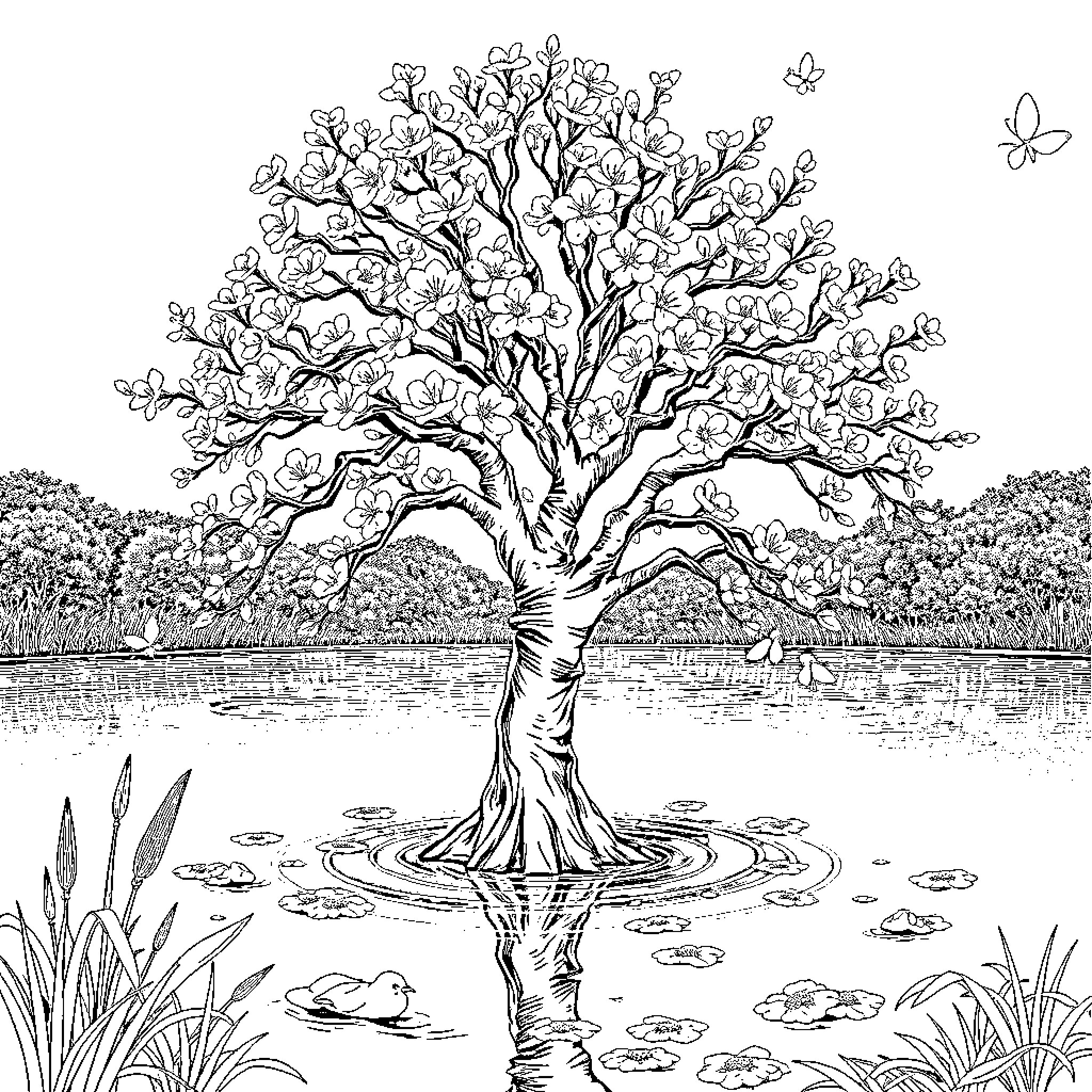 Cherry Blossom Tree Reflected in Peaceful Pond Coloring Page (free black-and-white line drawing printable PDF for all, from beginners to advanced learners, including children, teens, adults, and seniors)