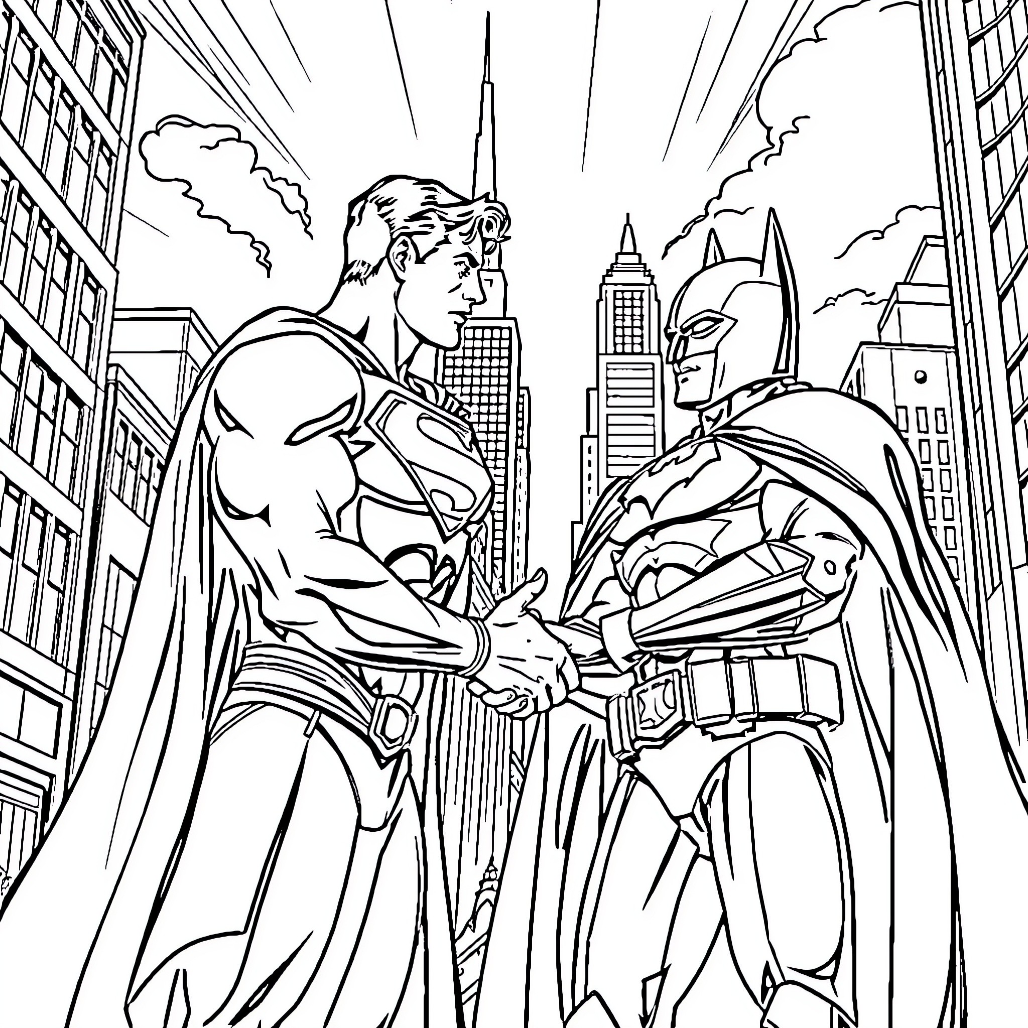 Superman and Batman shaking hands in the city Coloring Page (free black-and-white line drawing printable PDF for all, from beginners to advanced learners, including children, teens, adults, and seniors)
