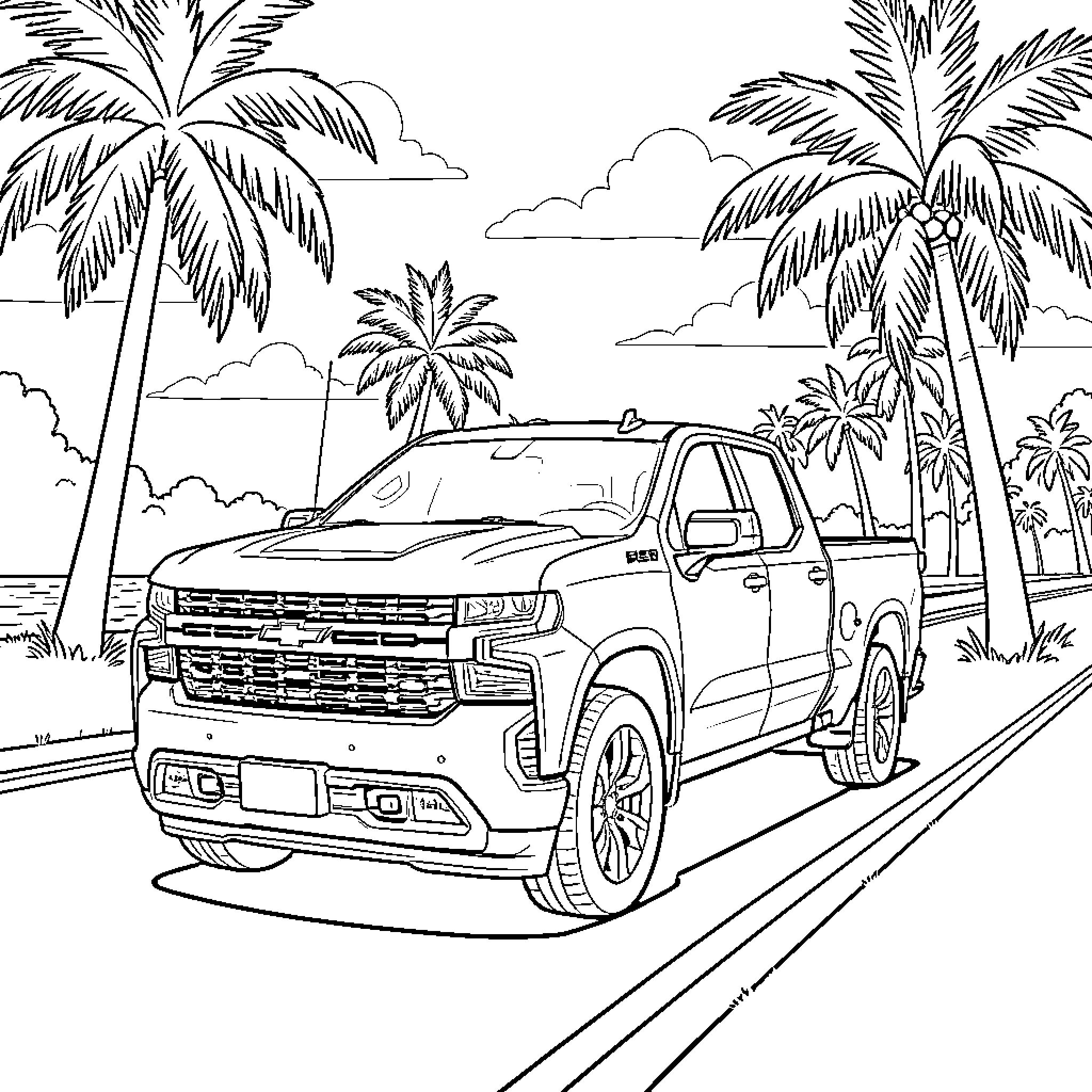 Chevy Silverado parked on a tropical coastal road Coloring Page (free black-and-white line drawing printable PDF for all, from beginners to advanced learners, including children, teens, adults, and seniors)