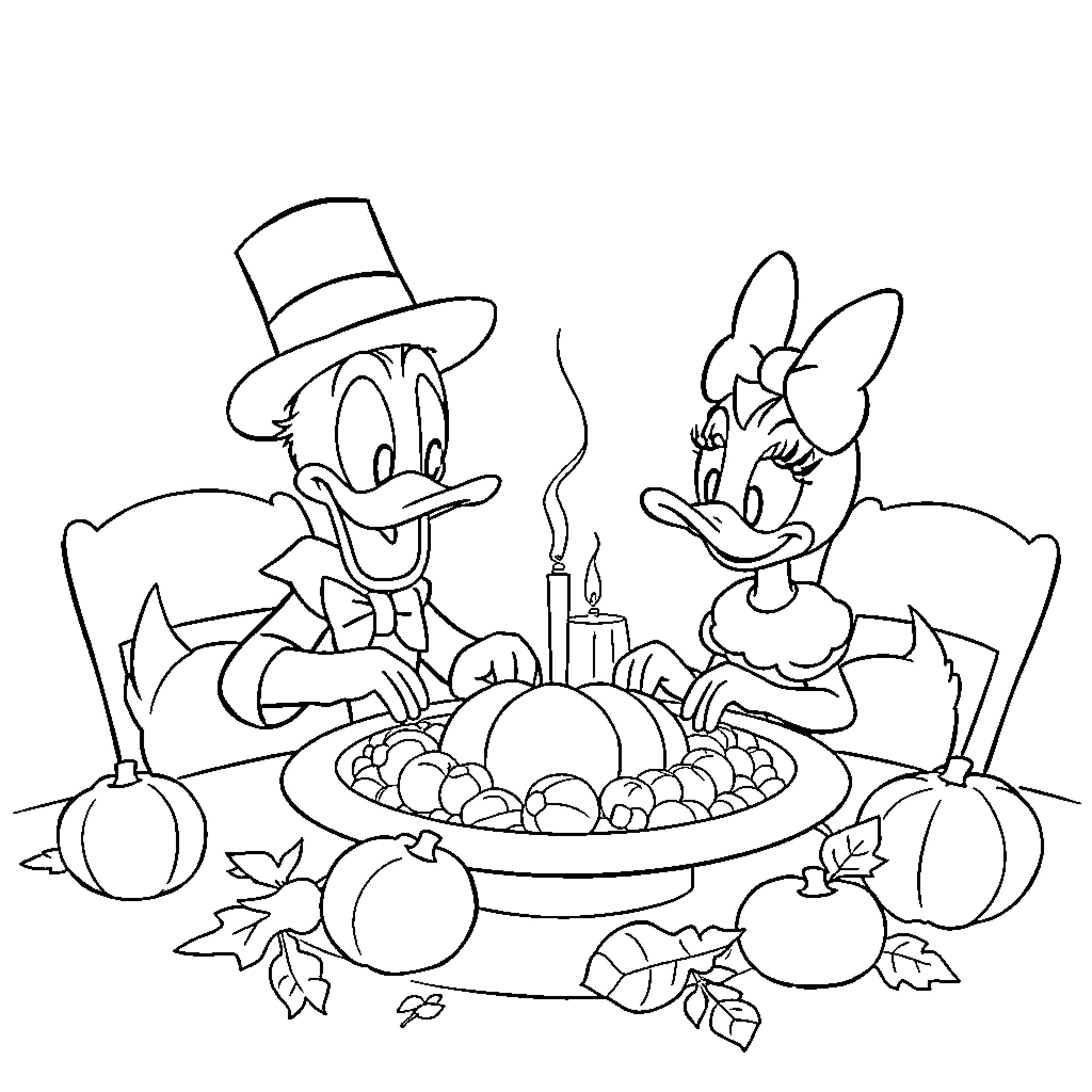 Duck characters enjoying a festive meal Coloring Page (free black-and-white line drawing printable PDF for all, from beginners to advanced learners, including children, teens, adults, and seniors)