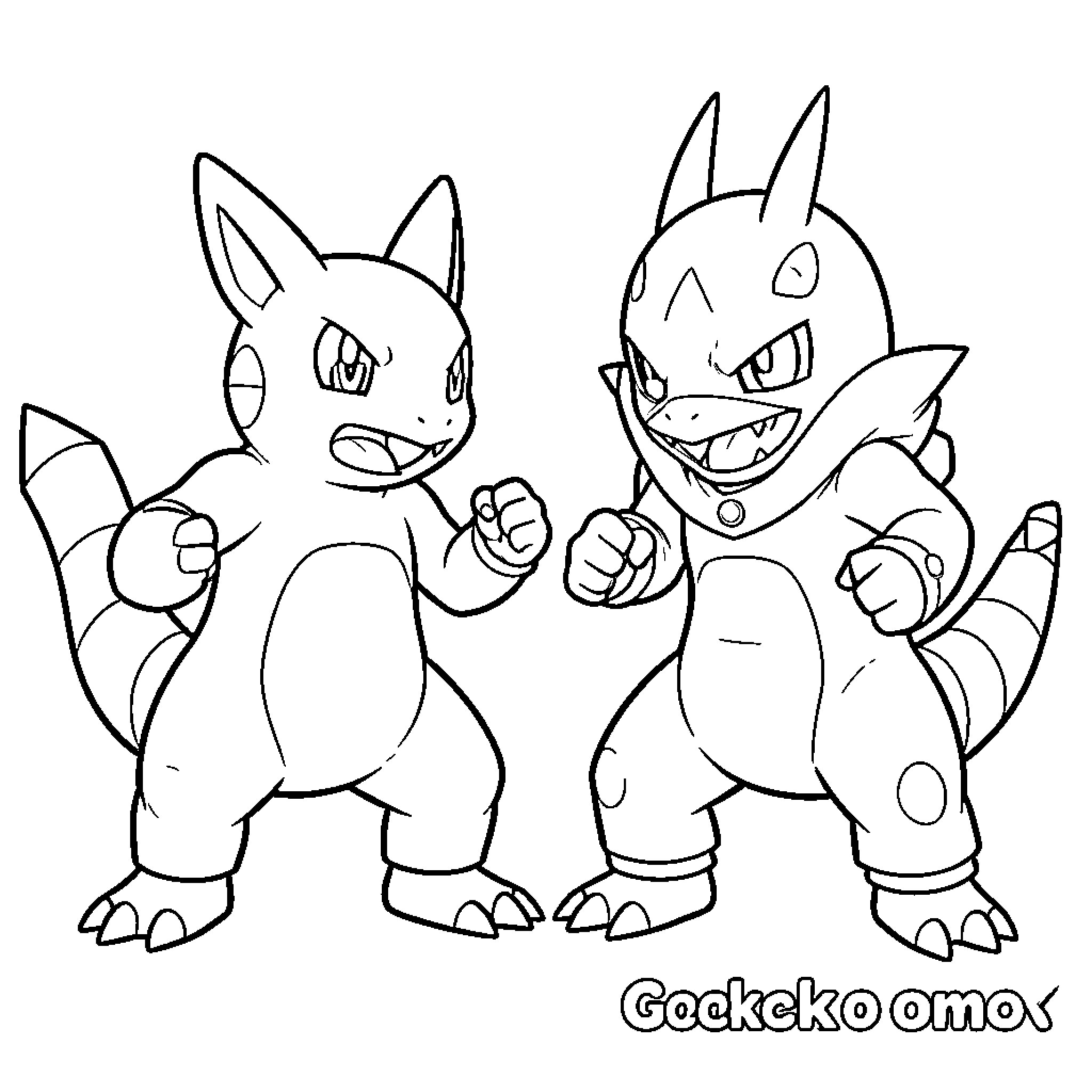 Agumon and partner standing in a battle stance Coloring Page (free black-and-white line drawing printable PDF for all, from beginners to advanced learners, including children, teens, adults, and seniors)