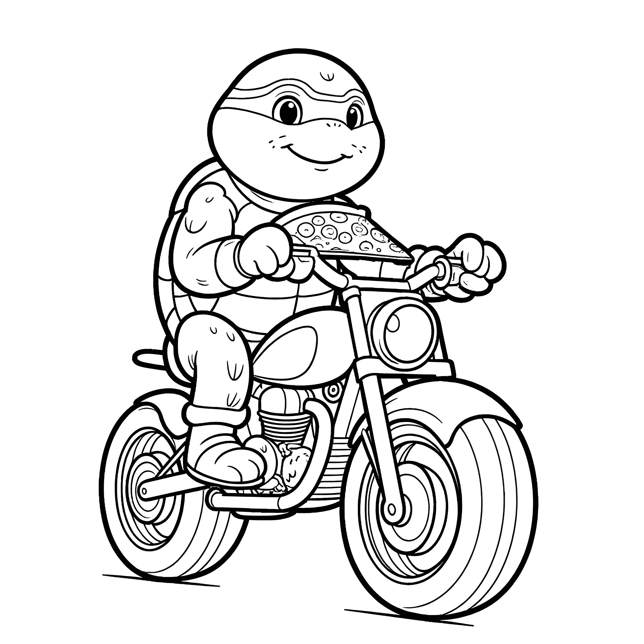 Michelangelo riding a motorcycle with a happy expression Coloring Page (free black-and-white line drawing printable PDF for all, from beginners to advanced learners, including children, teens, adults, and seniors)