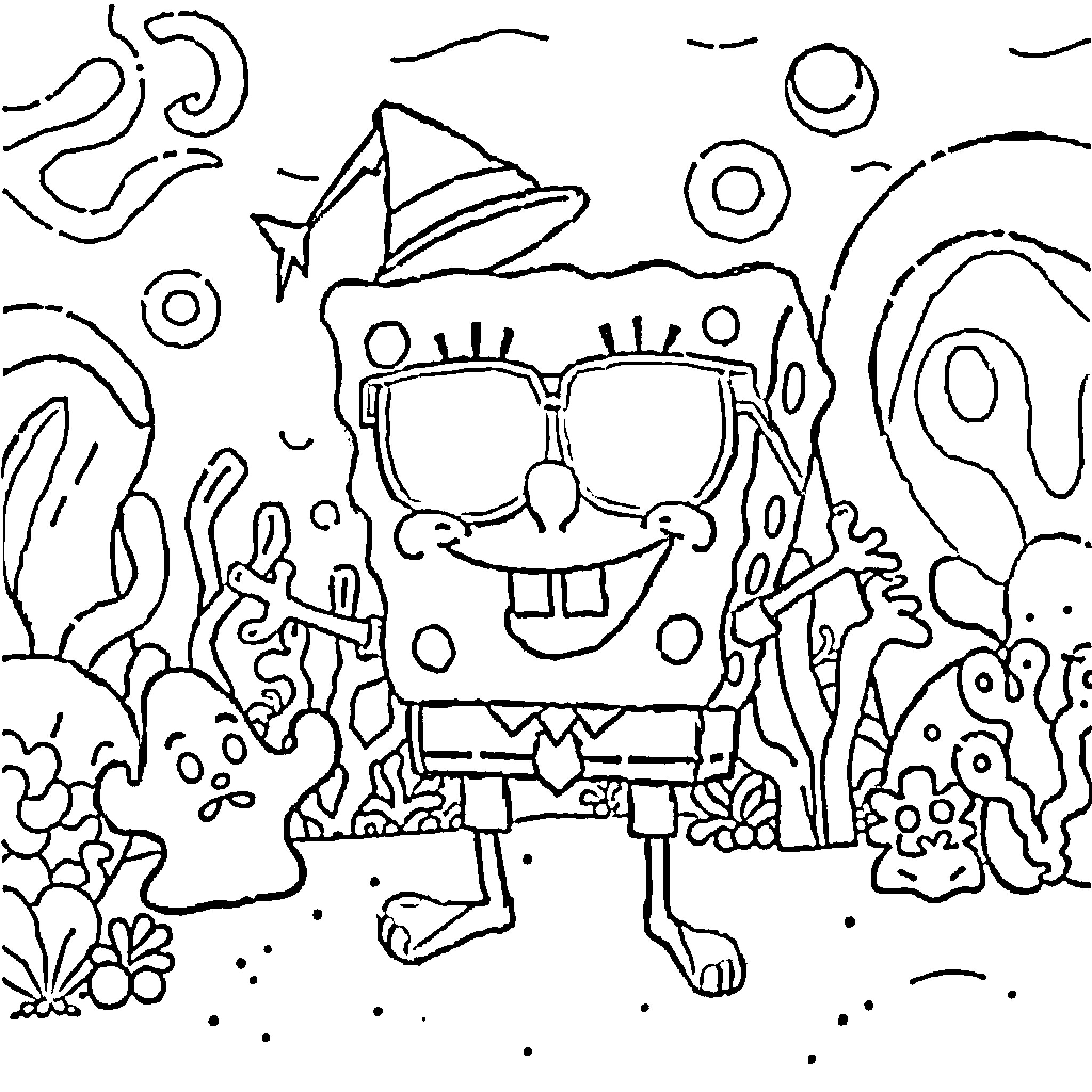 Spongebob enjoying a fun and colorful underwater adventure Coloring Page (free black-and-white line drawing printable PDF for all, from beginners to advanced learners, including children, teens, adults, and seniors)