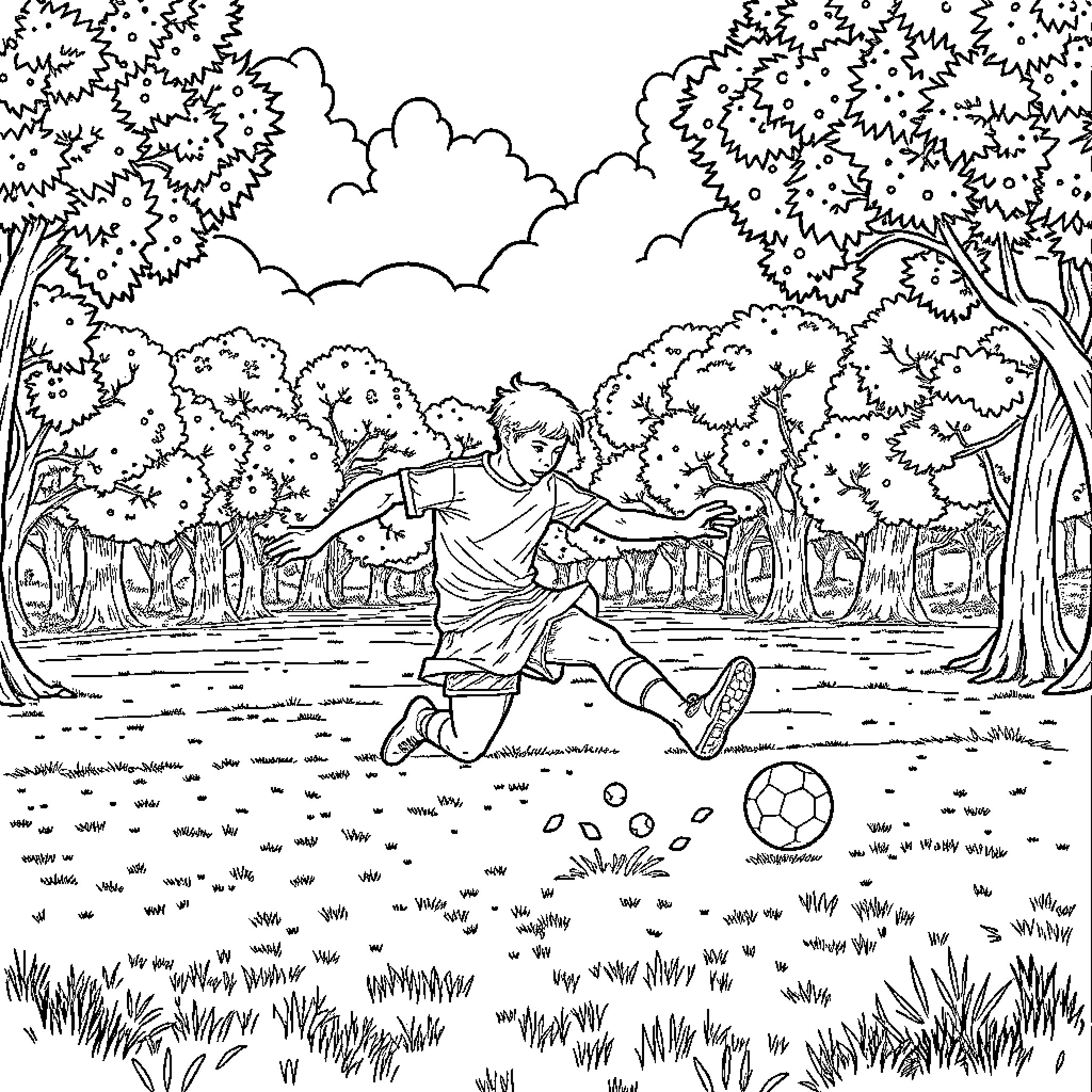 Huntrix playing soccer in the forest Coloring Page (free black-and-white line drawing printable PDF for all, from beginners to advanced learners, including children, teens, adults, and seniors)