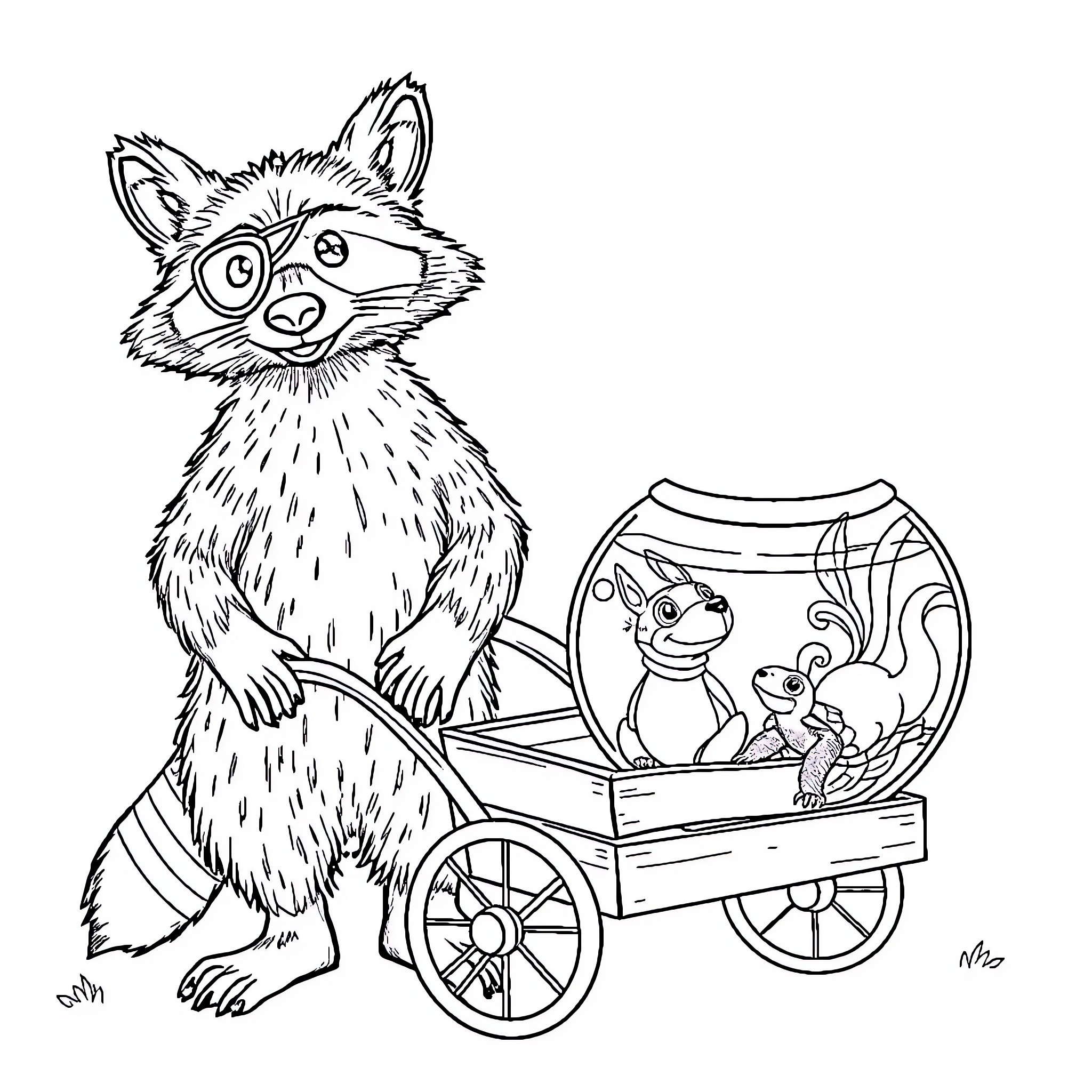 Raccoon driving a cart with pet mice Coloring Page (free black-and-white line drawing printable PDF for all, from beginners to advanced learners, including children, teens, adults, and seniors)
