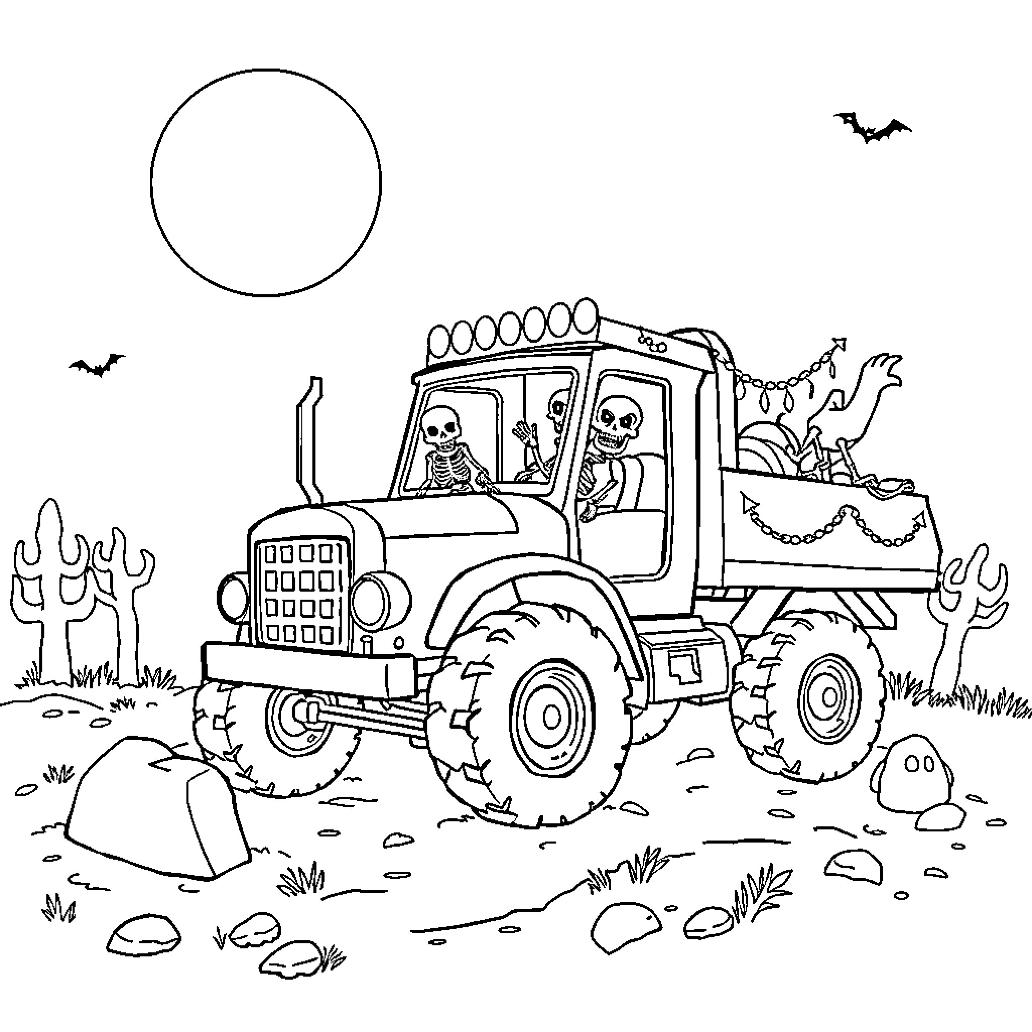Gravedigger transporting skeletal figures in a spooky landscape Coloring Page (free black-and-white line drawing printable PDF for all, from beginners to advanced learners, including children, teens, adults, and seniors)