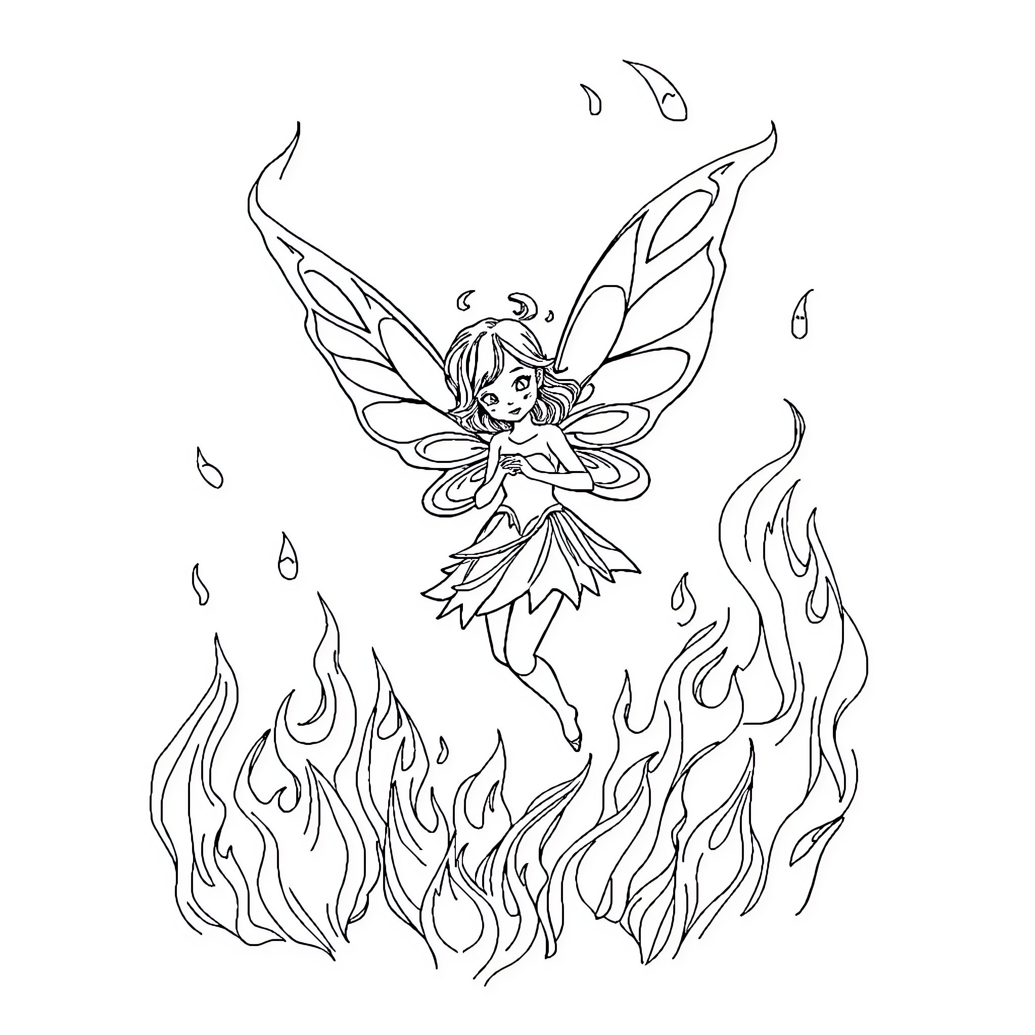 Fairy dancing amidst fiery flames Coloring Page (free black-and-white line drawing printable PDF for all, from beginners to advanced learners, including children, teens, adults, and seniors)