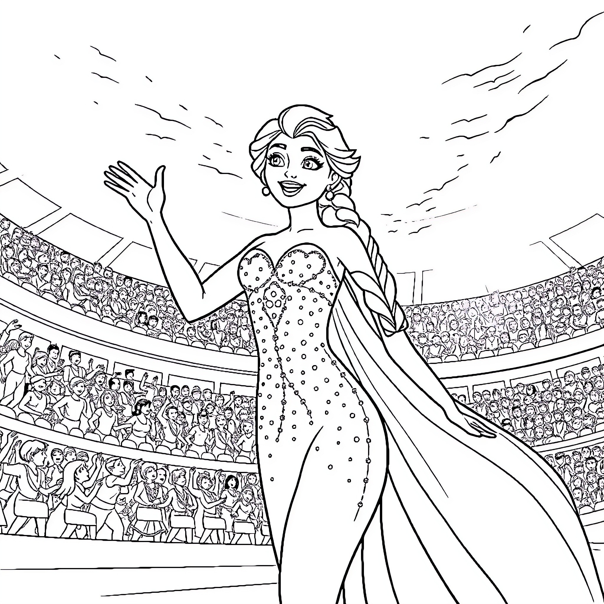 Elsa waving to her adoring audience in a grand theater Coloring Page (free black-and-white line drawing printable PDF for all, from beginners to advanced learners, including children, teens, adults, and seniors)