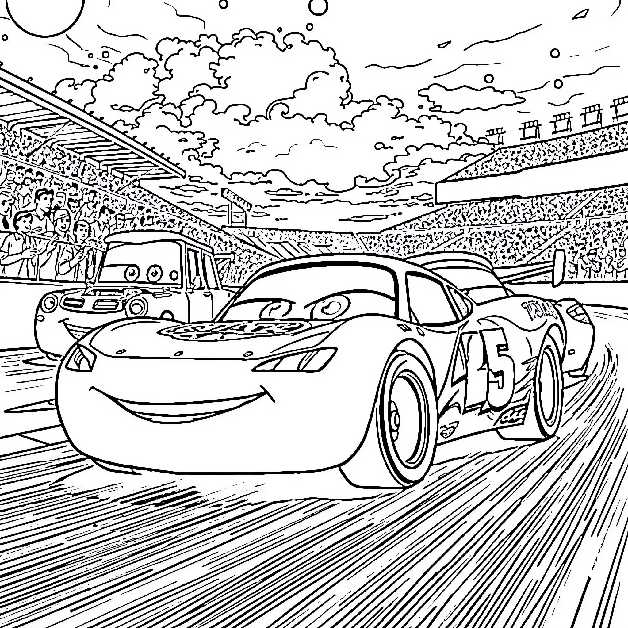Lightning McQueen racing on the track with crowd Coloring Page (free black-and-white line drawing printable PDF for all, from beginners to advanced learners, including children, teens, adults, and seniors)