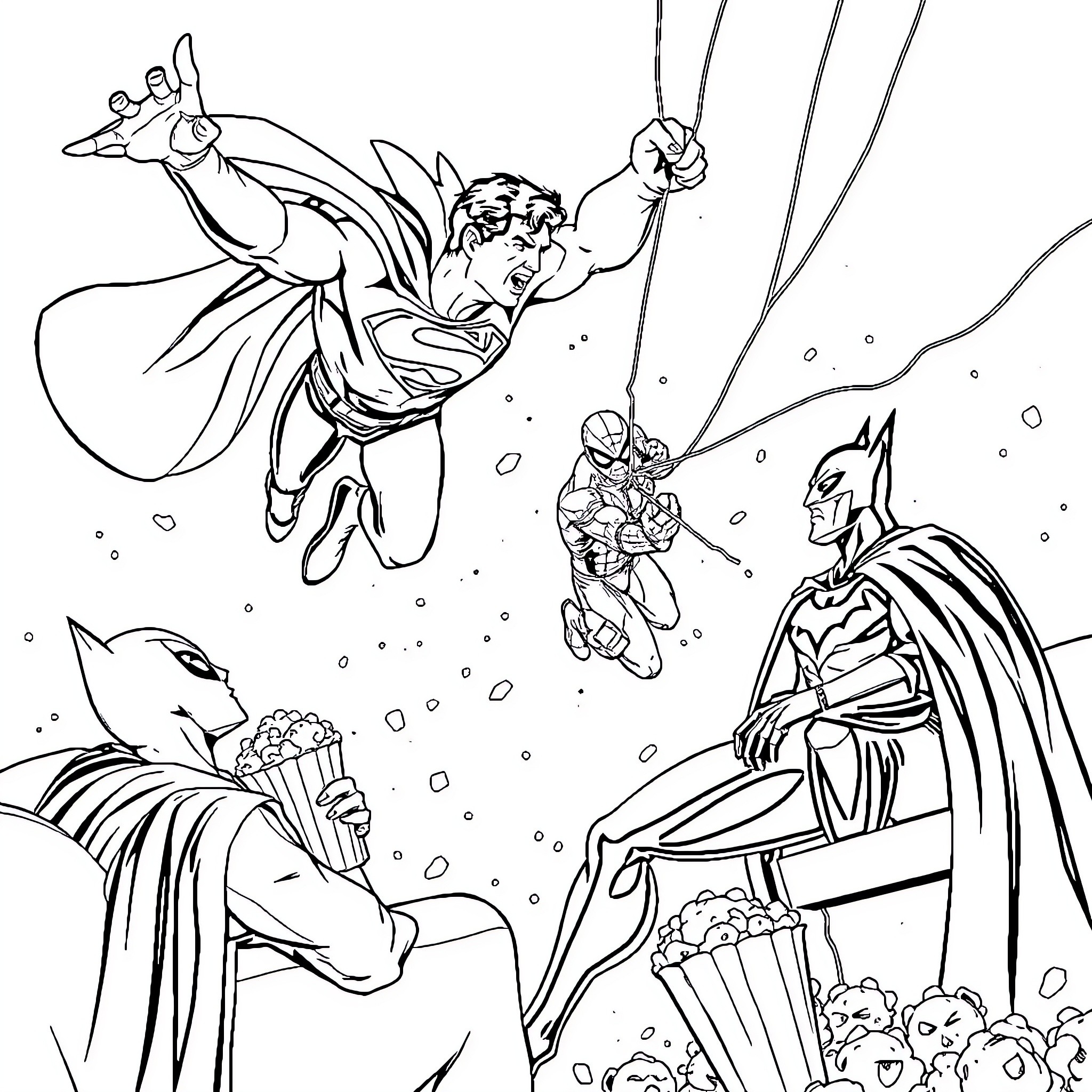 Superman saves the day against villains Coloring Page (free black-and-white line drawing printable PDF for all, from beginners to advanced learners, including children, teens, adults, and seniors)