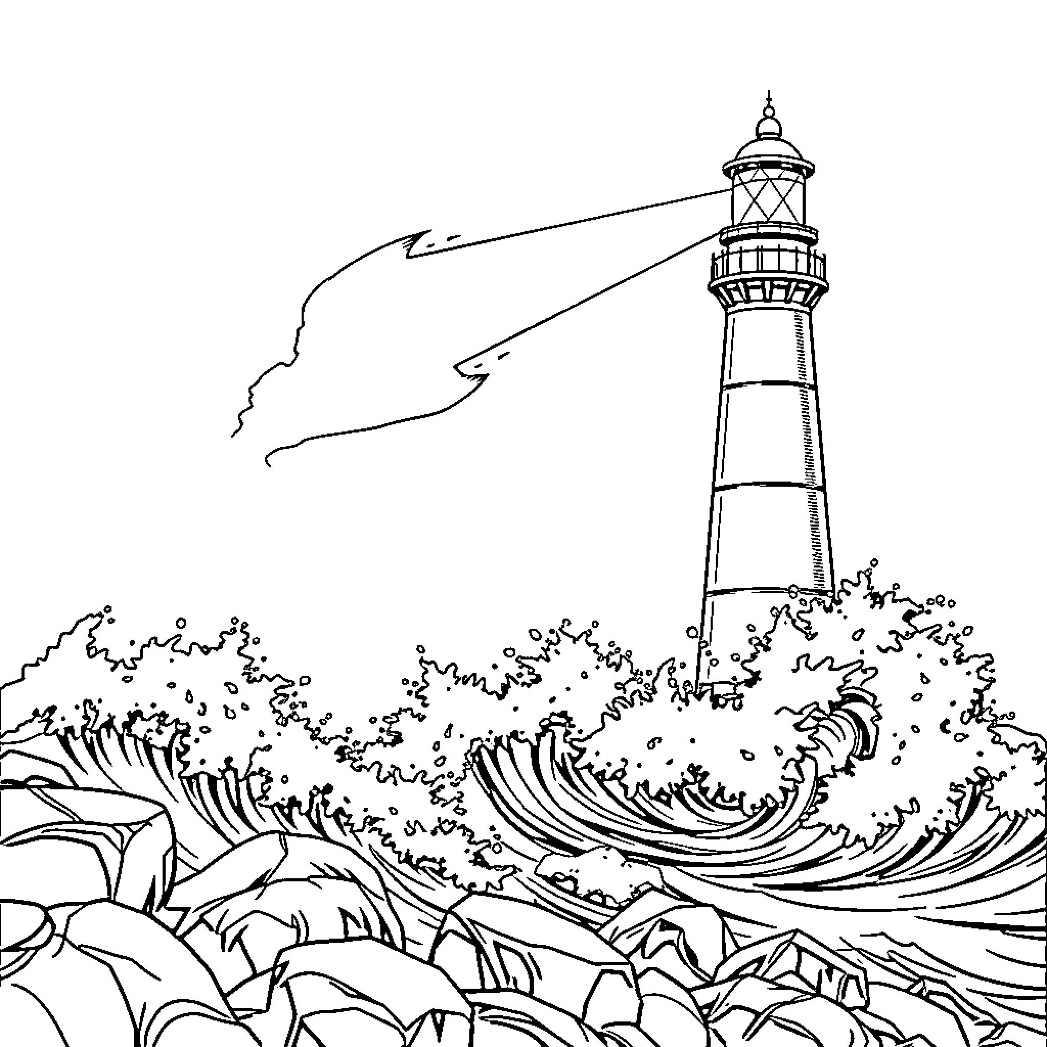 Wave splashing against the lighthouse in the storm Coloring Page (free black-and-white line drawing printable PDF for all, from beginners to advanced learners, including children, teens, adults, and seniors)