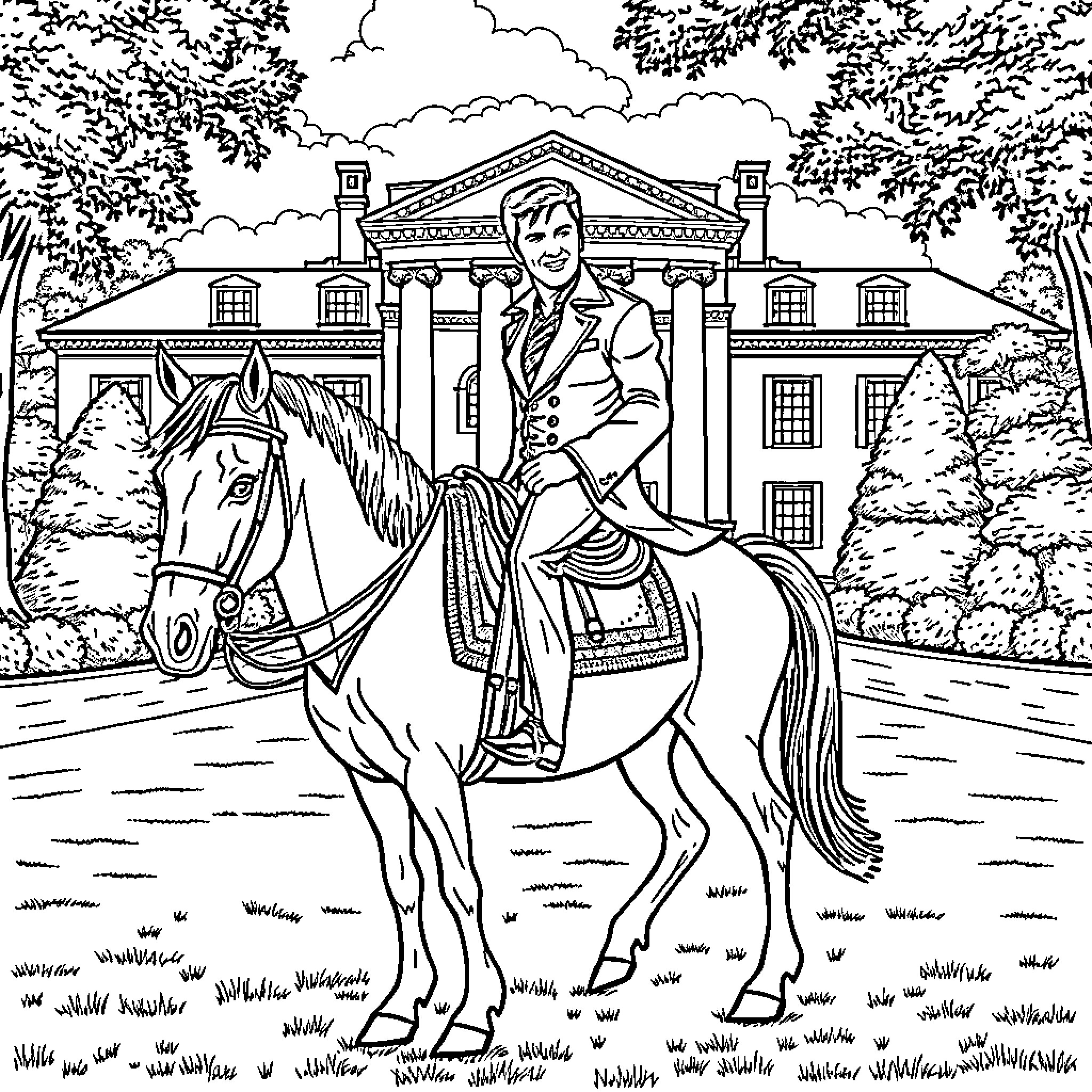 Elvis riding on a horse in front of a grand mansion Coloring Page (free black-and-white line drawing printable PDF for all, from beginners to advanced learners, including children, teens, adults, and seniors)